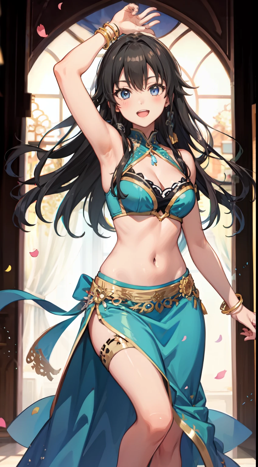 Yukino yukinoshita, long hair, cleavage, navel, slim legs, black hair, blue eyes,  arabian belly dancer, teen body, happy, gown, skirt