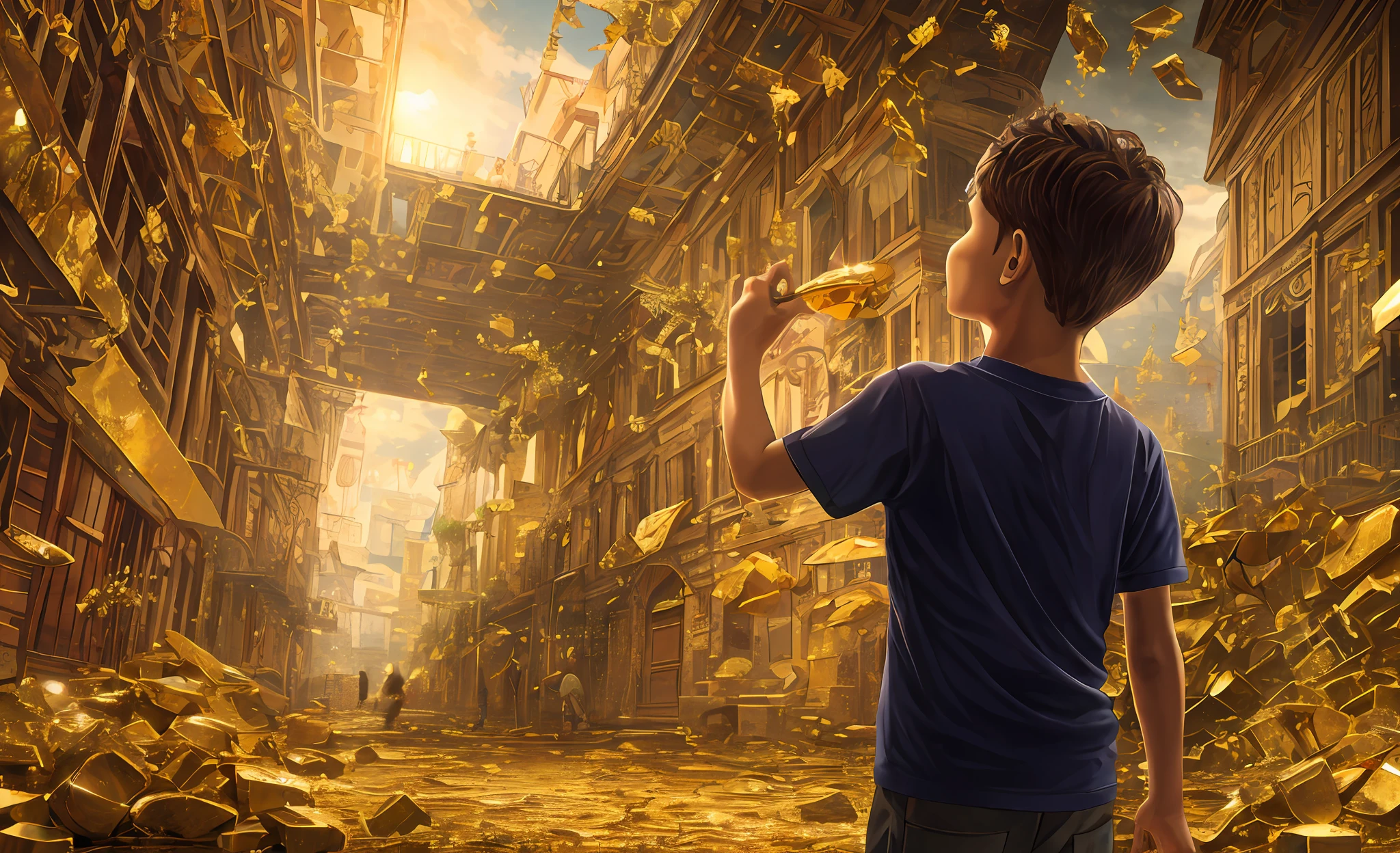 One beautiful boy searching The lost city of gold realstic , clearity 4k, nostalgic, masterpiece, old time building's & artifacts made of gold, touching the broken artifacts made of gold --auto --s2