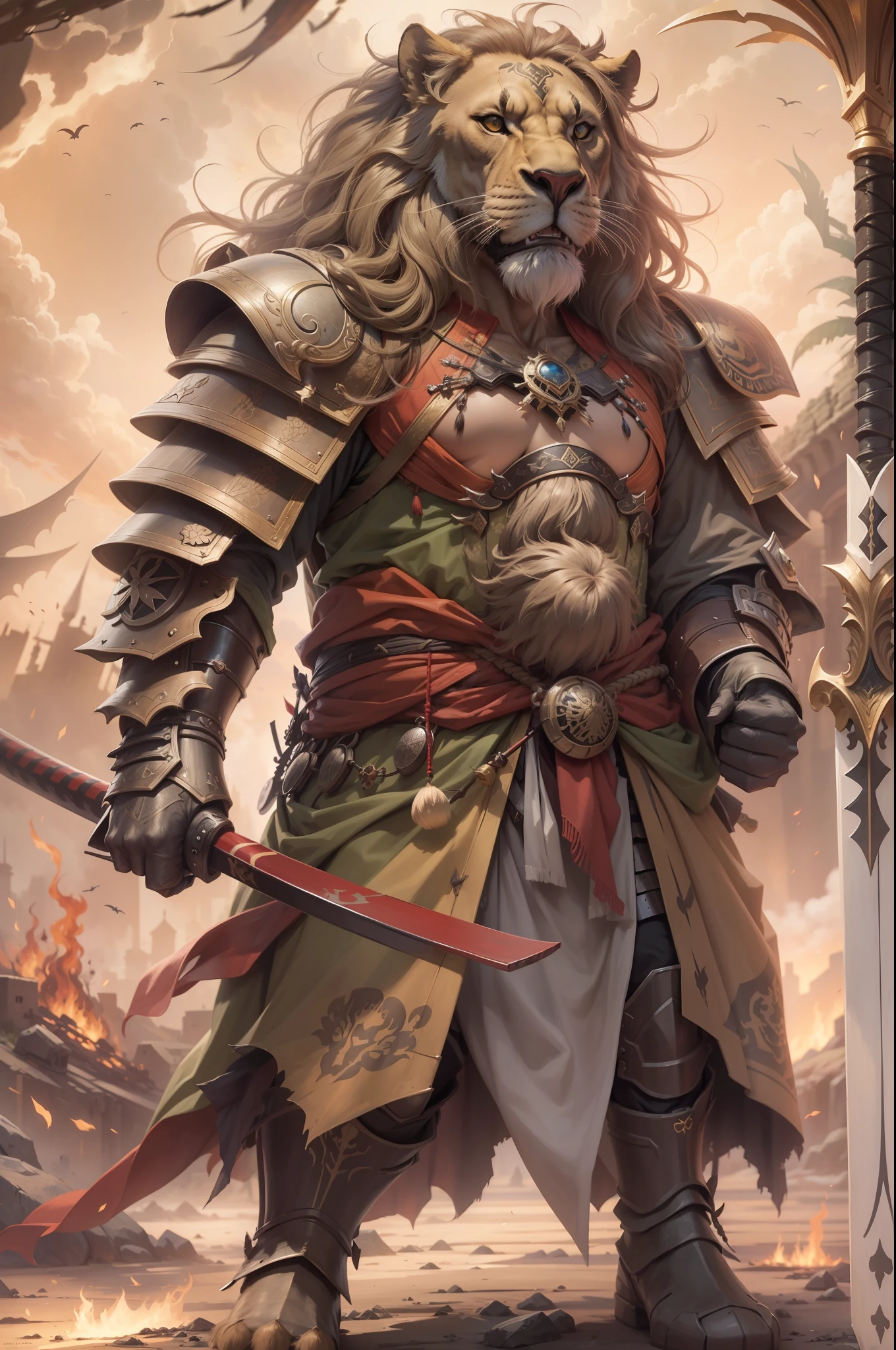 (anthropomorphic turtle),(Lion Samurai:1.4),longspear,a tall body,Stout limbs,Look at me condescendingly,disdain,despise,tosen,((closeup cleavage,facial closeups,Close-up strengthened)),The long hairs of the flame fluttered in the wind,combats,Dynamic lines,Dimly lit battlefield,Ruined castle,(stereoscopic perspective:1.4),Works of masters,super-fine,4K分辨率,high qulity,电影灯光,High picture detail,Detailed pubic hair,Epic shooting,Clearly focused hair,Detailed hair depiction,acurate
