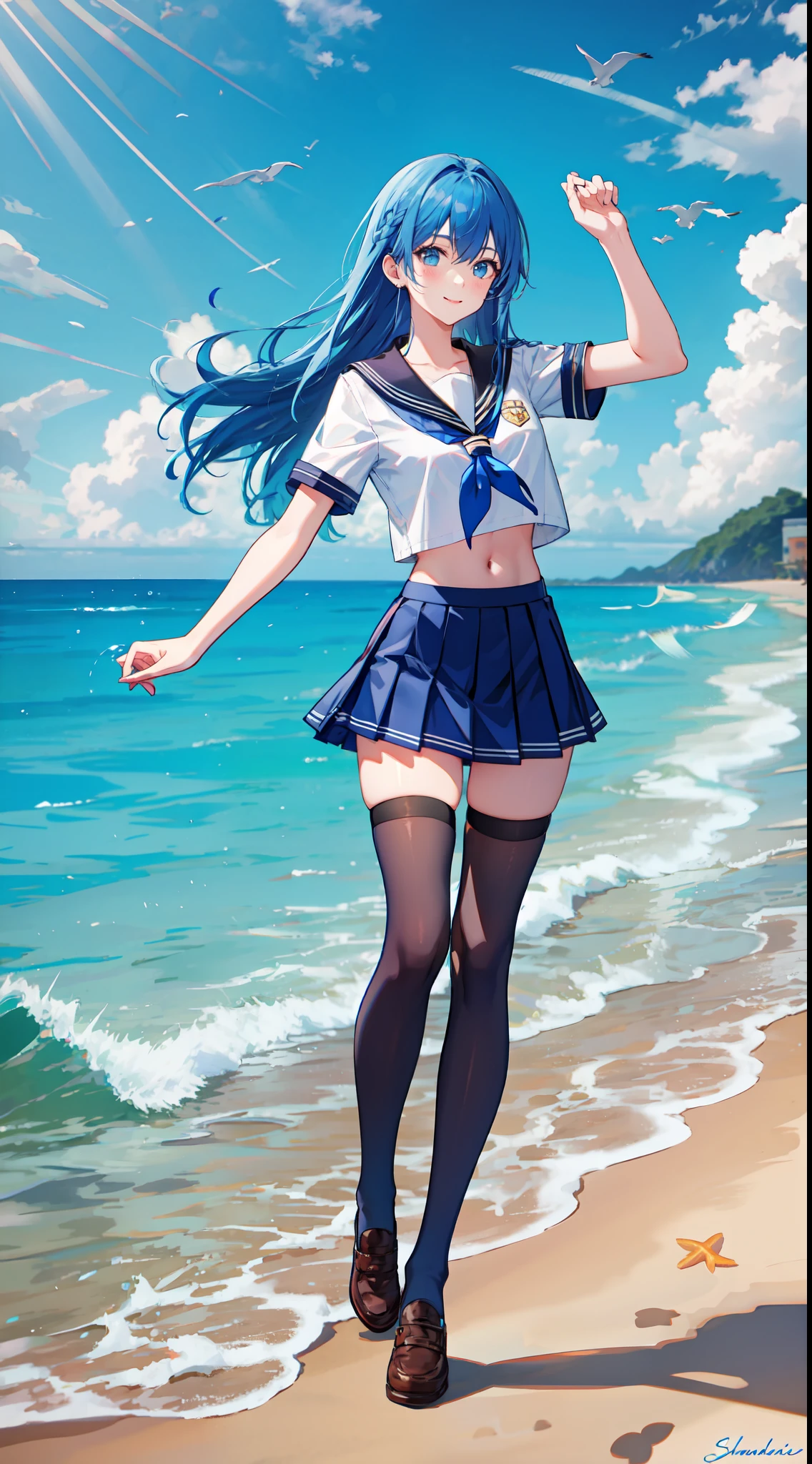 , slim legs,  beautiful eyes, blue eyes, happy, blue hair, long hair, cleavage, short skirt, thigh high socks, school uniform, beach, navel