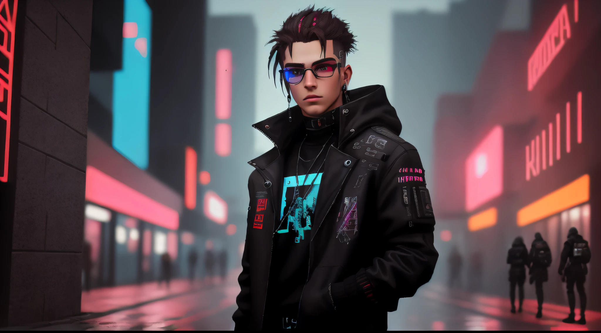 there is a man , estilo cyberpunk hiper-realista, Cyberpunk Streetwear, usando streetwear cyberpunk, cara cyberpunk, 8k portrait render, no estilo cyberpunk, personagem cyberpunk, 3 d render arte do caractere 8 k, arte digital do anime cyberpunk, Cyberpunk Rua Goon, estilo de arte fotorrealista, arte cyberpunk ultrarrealista 8k, tem estilo cyberpunk