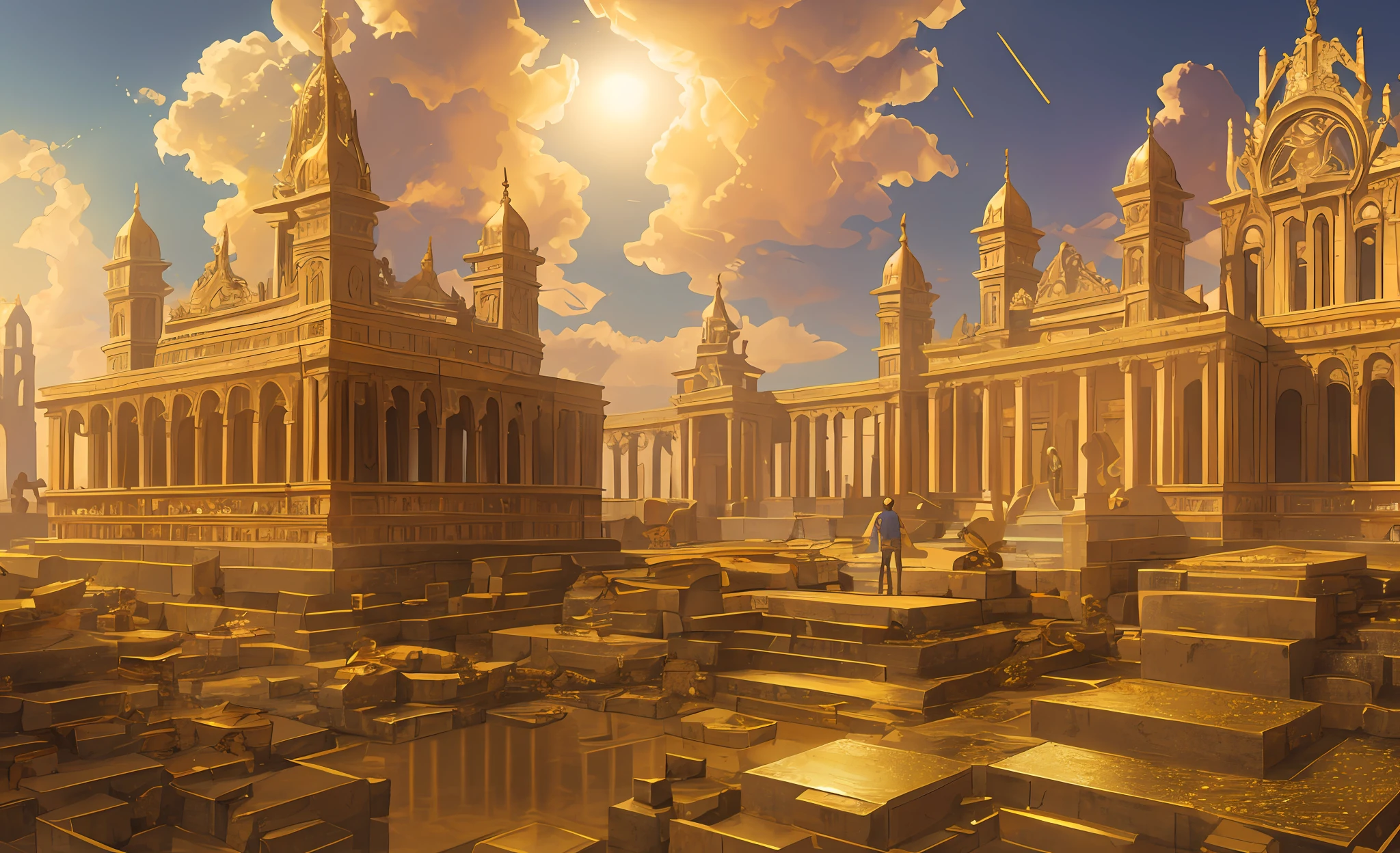 One beautiful boy searching The lost city of gold realstic , clearity 4k, nostalgic, masterpiece, old time building's & artifacts made of gold, touching the broken artifacts made of gold --auto --s2