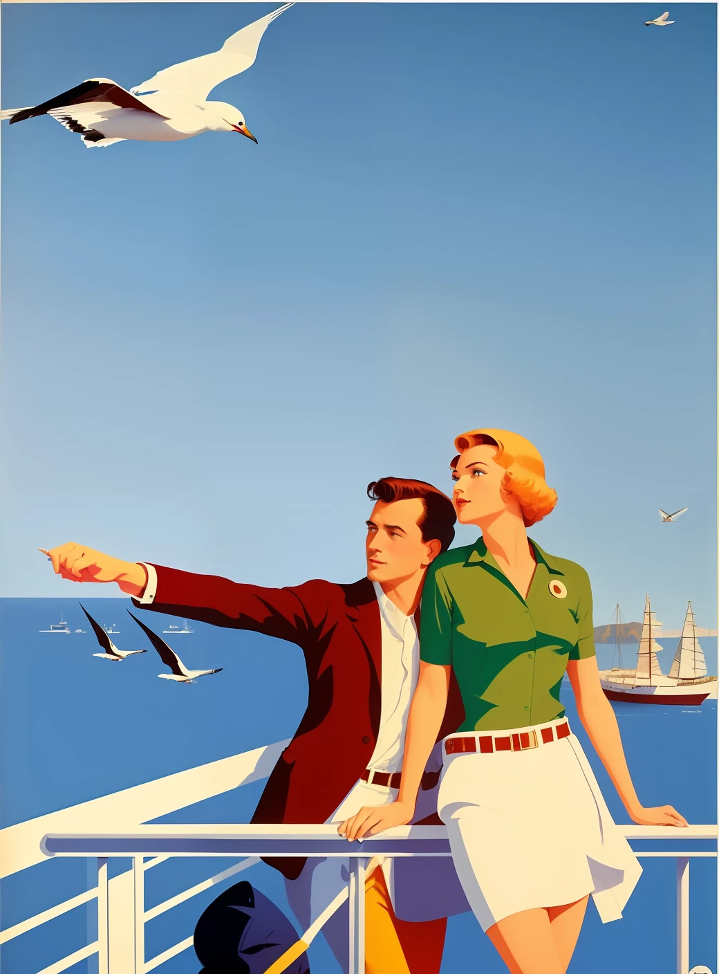 There is a poster of a couple on a boat with seagulls flying overhead.., cartaz de viagem, Nelson Kenton, Directed by: Pruett Carter, angus mcbride, Laurent Durieux, Otto Schmidt, Directed by: Herbert Bayer, funil ed, Directed by: Emiliano Ponzi, Cartaz Art Deco, inspirado em Roberto Ballagh, retro poster, Directed by: Roberto Ballagh, Joe Webb, Fix hand.