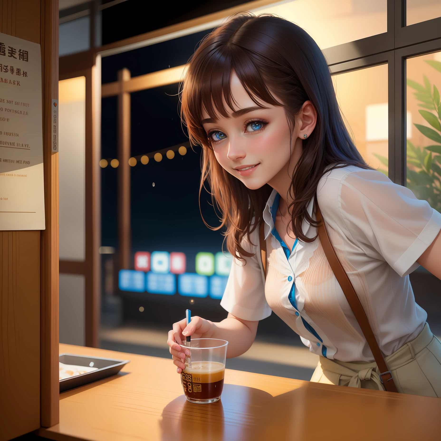 (8k, best quality, masterpiece:1.2), (realistic, photo-realistic:1.37), ultra-detailed, 1 girl,cute, solo,beautiful detailed sky,detailed cafe,night,sitting,dating,(nose blush),(smile:1.15),(grin) small breasts,(fantasy breasts), cleavage, beautiful detailed eyes,(collared shirt:1.1), night, wet,business attire, rain,black lace, (short hair:1.2),floating hair NovaFrogStyle, cyber, future