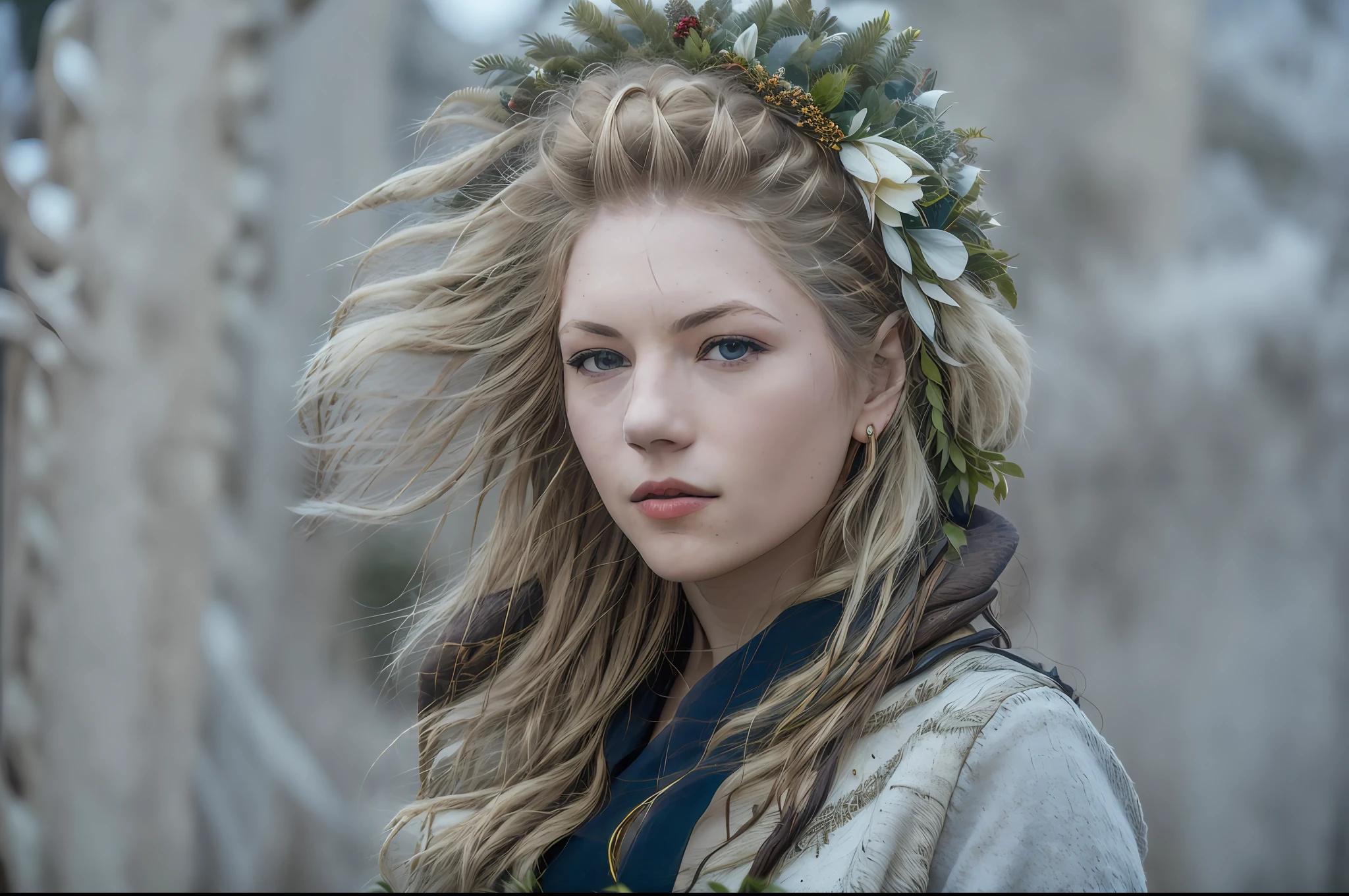 There is a woman with a wreath on her head 8k image with perfection and detail in the photograph
