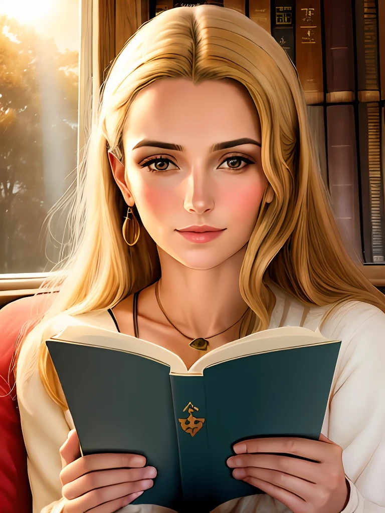 (DestroyedPortrait:1.5) de uma bela mulher perfeita atraente, lendo um livro luz do sol vindo da janela do horizonte.  foto premiada, HP Photosmart M637, colorizado, white-balance, suporte Ultra HD, telefoto, de baixo, raios solares brilham sobre ele, Glowwave, in analog style, vidro triturado