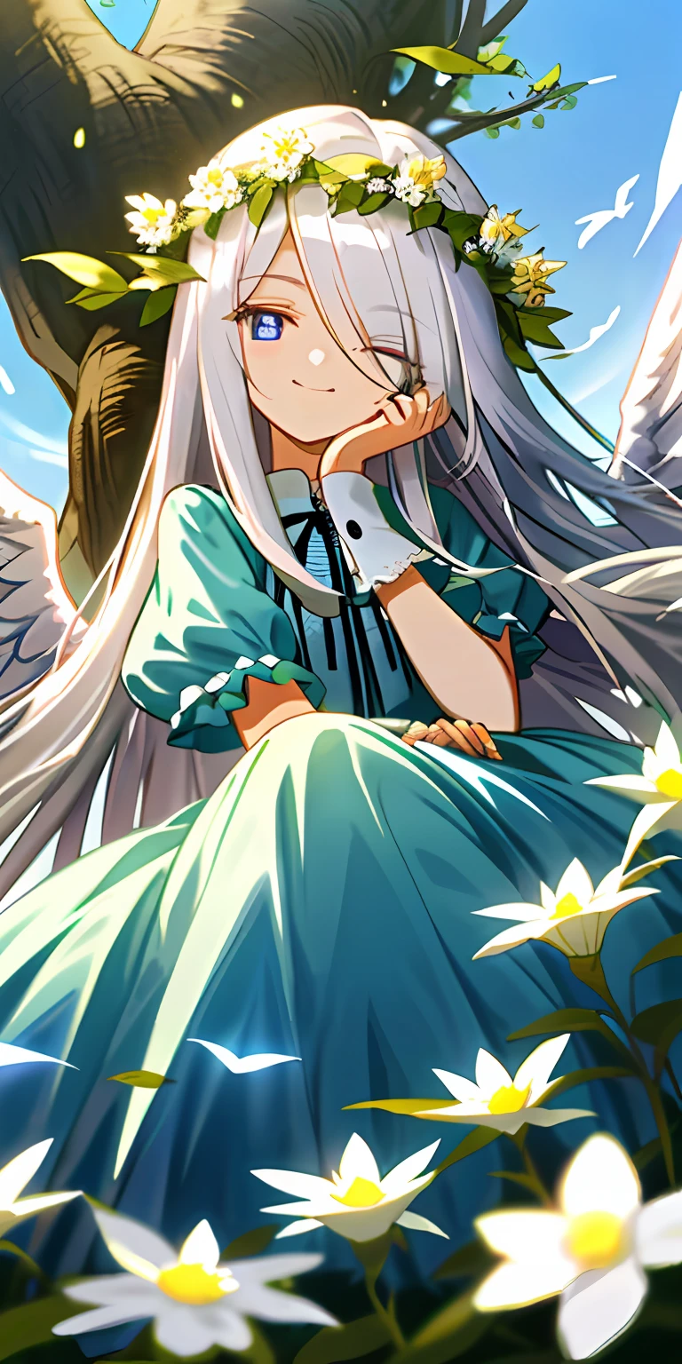 （tmasterpiece，best qualtiy），A long-haired loli with white hair sits in a tree-lined flower field，She has blue pupils，Her left hand rests under her chin，She wears a garland，Hair covers the right eye，and she smiling，warmly lit，She wore a dress with sky-blue white cuffs，She has white wings，Blurred foreground，Eyes look into the distance