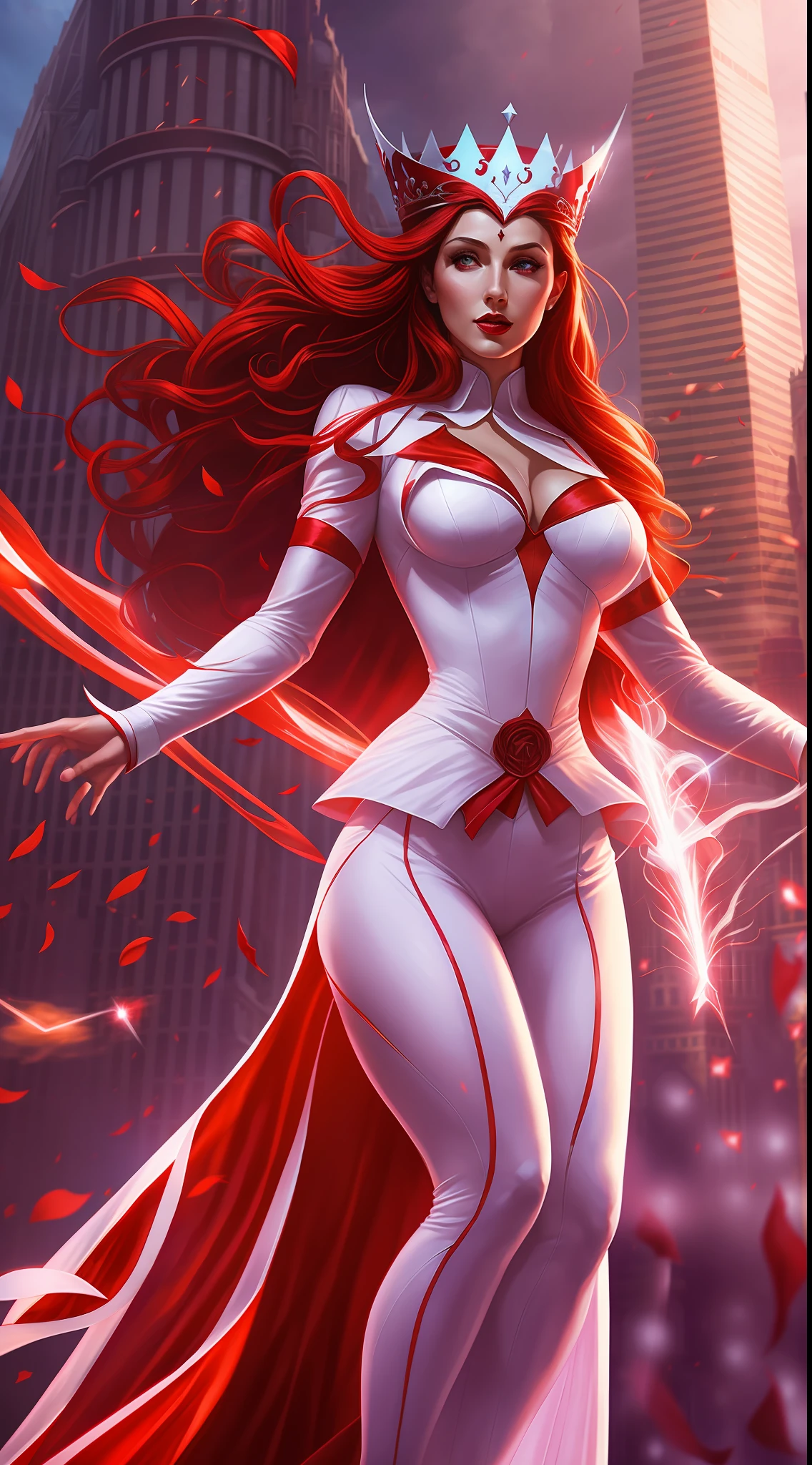 Scarlet Witch and Zatanna Zatara Fusion, Full Body, Sensual Body,White Witch ,Red Hair, Crown on Head, White And red Suit Long Dress, Flying, Powers in Hands, Bright Eyes, Powerful, Background Mystical City, Realistic, hyperdetailed, Ultra HD,8K