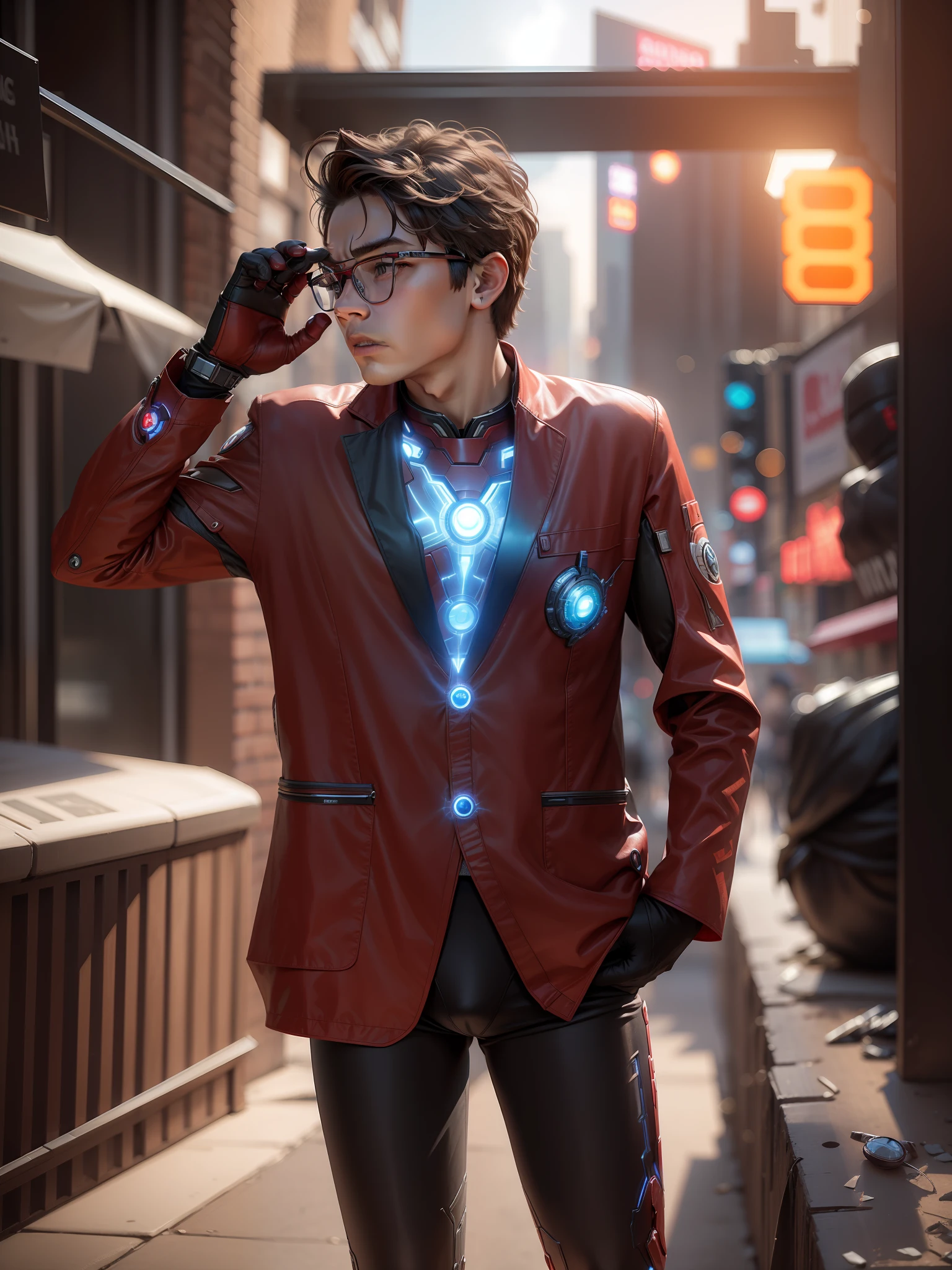 Boy become ironman , in new York city, wear edith glasses, arc reactor on cheast, realistic and 4k