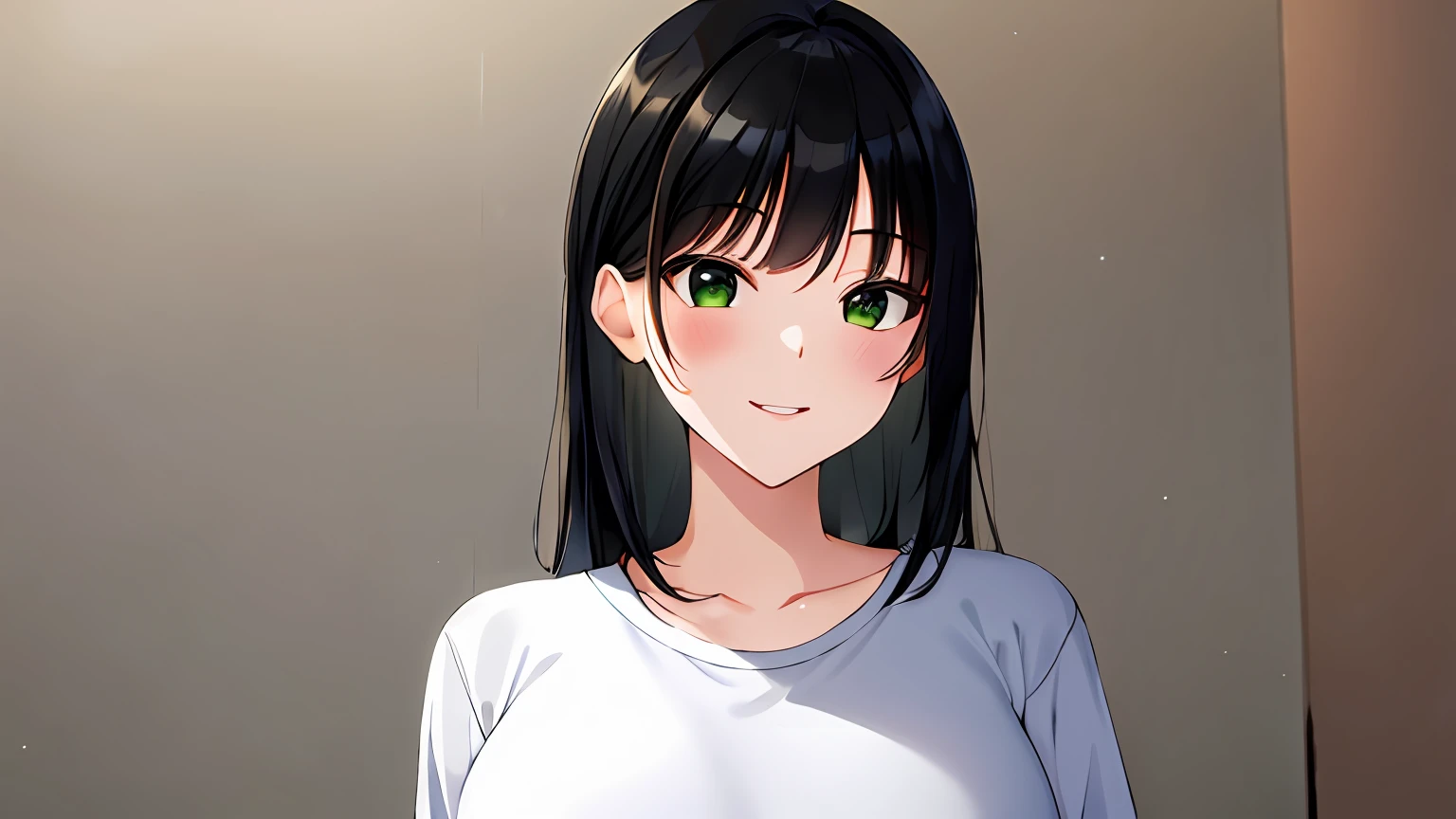 masterpiece, high quality, 8k, beautiful lighting, doga kobo, anime scene, 1girl, solo, kanahara_jessica, black hair, average hair, no bangs, medium breast, green eyes, casual outfit, upper body, looking at viewer, round face, sly smile, park