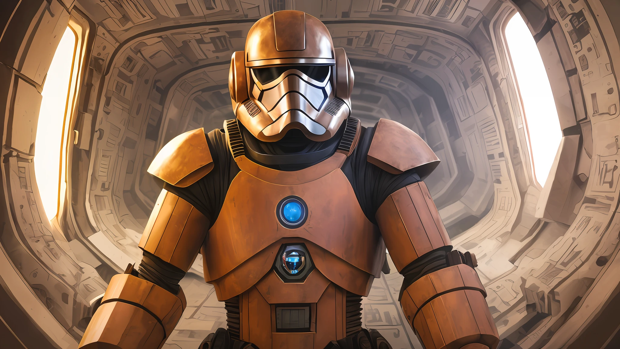 **Cinematic photography, robot set in the movie Stars Wars, he is wearing brown  clothes, dramatic environment and very harsh dark shadows inside a spaceship, he is carrying a wooden scepter in his right hand, Sony ZV-EI Camera, s700 -- c 5 --auto --s2