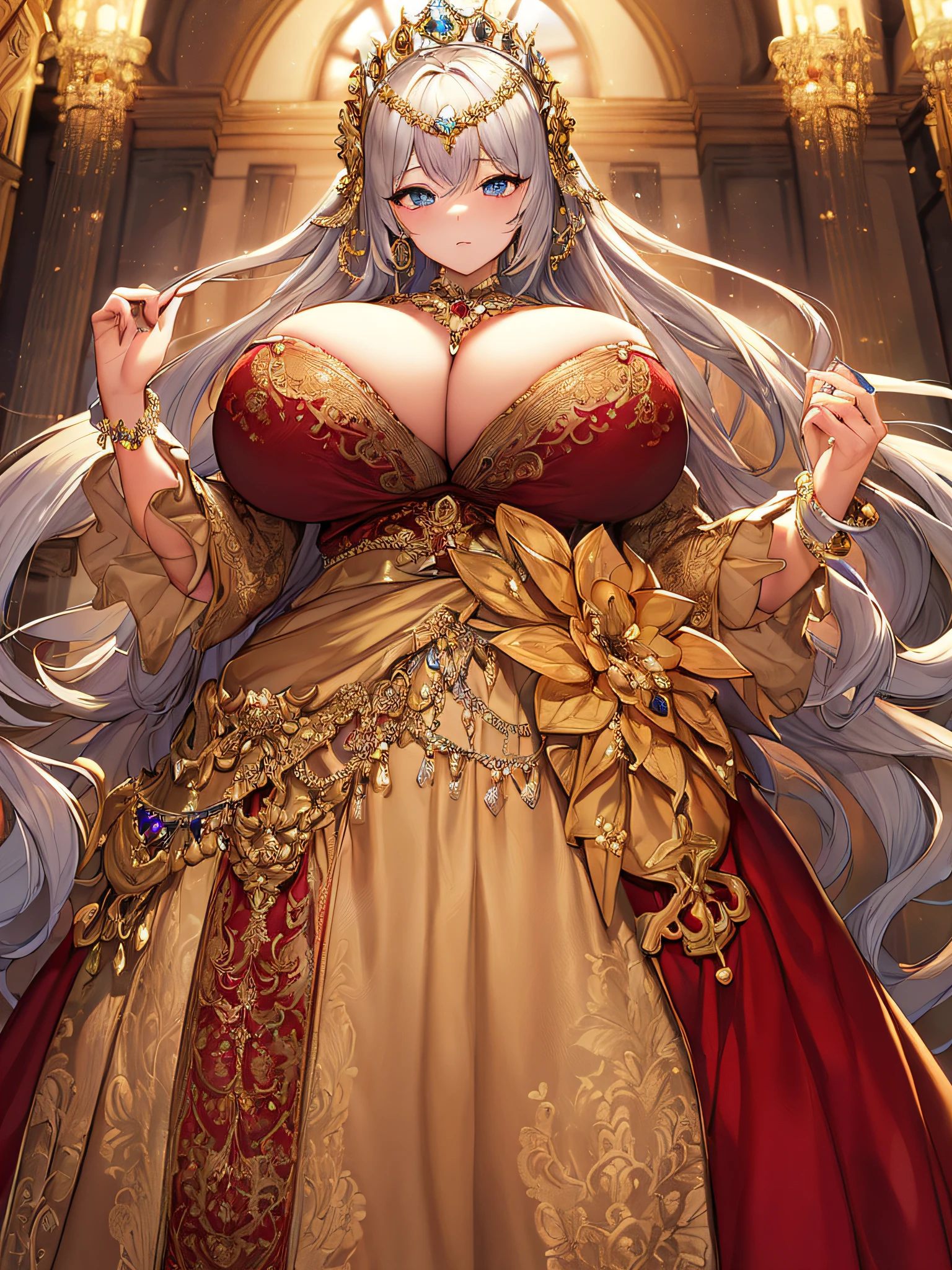 ((anime artstyle)),(Masterpiece),(Best Quality), (Super Detail),((Very Delicate and Beautiful)),((Solo)),(((1 bling-bling princess in beautiful embroidery and jeweled gorgeous rococo ball gown dress with voluminous full length hoop skirt))),((bling-bling)),Long train,(bling-bling gorgeous gemstone jewelry),detailed face and eyes,jewel-like eyes,((extremely voluminous Very Long Hair,Straight Hair)),((gigantic tits,Long tits)),cleavage,(gorgeousfull embroidery and lace),gorgeous corsage,See-through,extremely gorgeousfull hair ornament,bling-bling extremely gorgeousfull jeweled tiara,ornate ruffles,(hoop skirt,crinoline),((Dynamic Angle)),Looking at viewer,((beautiful embroidery and jeweled extremely gorgeous rococo ball gown dress with voluminous full length hoop skirt))