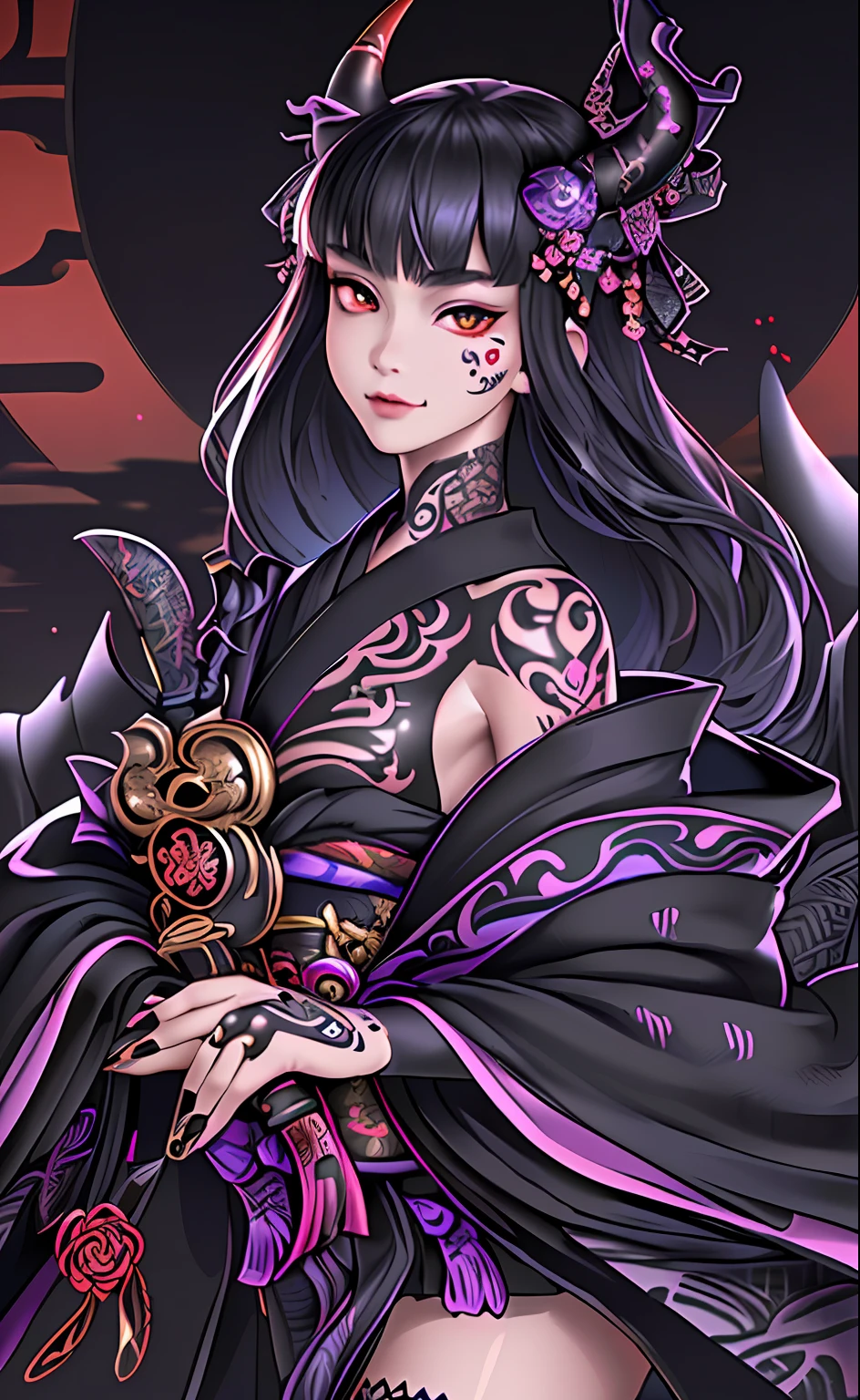 (photorealistic:1.3), masterpiece, best quality, (intricate details:1.2), (scenery:1.3), beautiful face, (black theme:1.3),
(((1girl, a girl in patterned kimono holding a dagger in her hand, (look at veiwer:1.3), (face tattoo:1.2), small oni horn,
))), full body, split in half