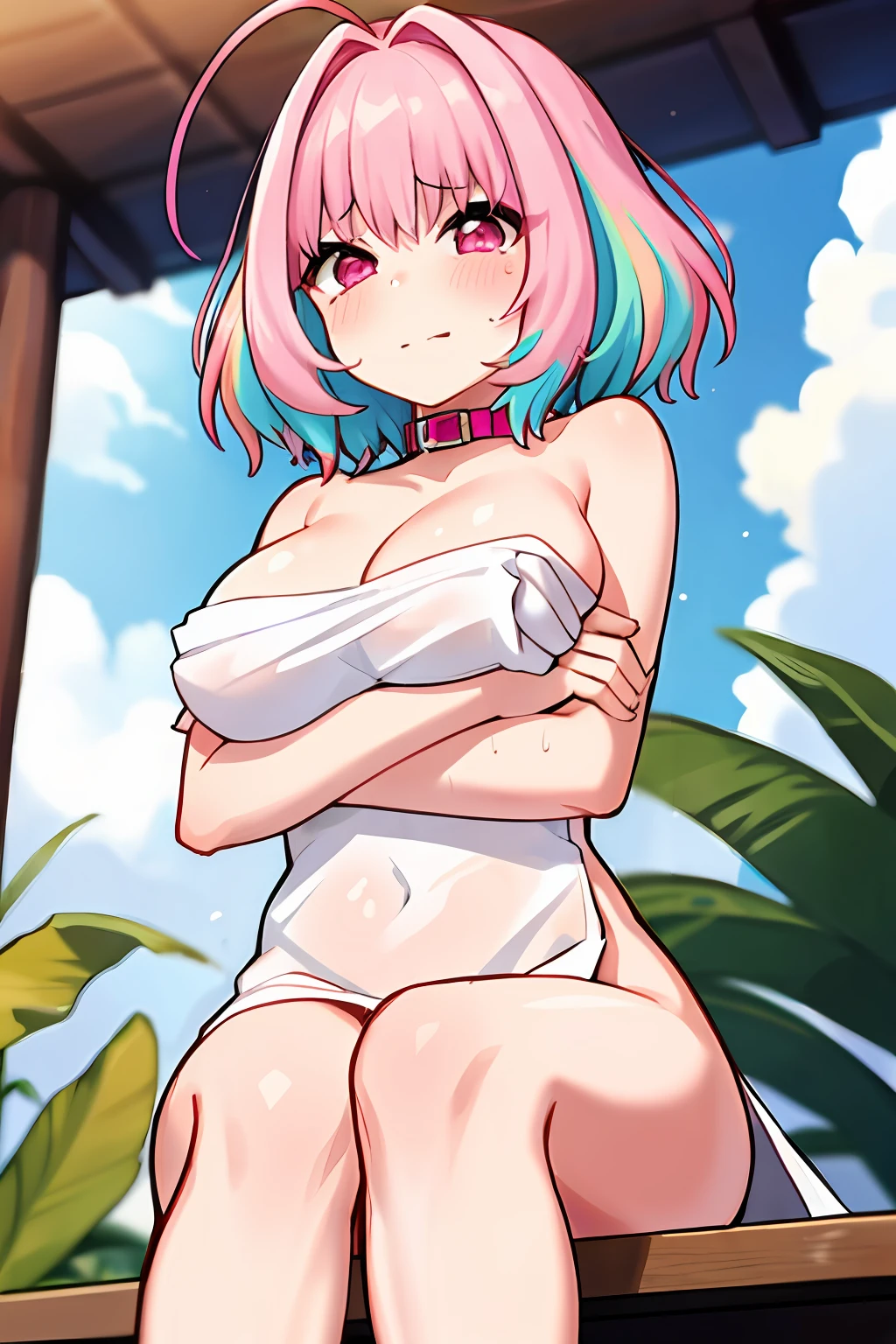 YumemiRiamu, 1girl, yumemi_riamu, wearing towel, white towel, naked_towel, sitting, from below, massive breasts, crossing arms, crossed arms