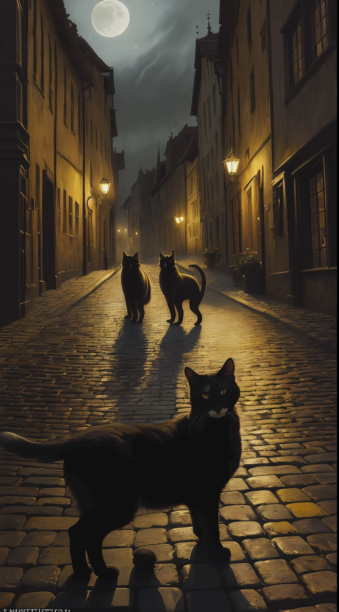 (masterpiece, oil painting, Greg Rutkowski style:1.3, high resolution:1.2), multiple cats, (piercing yellow eyes:1.1), slinking through narrow, cobblestone streets, medieval European setting, moonlit night, half-timbered houses, eerie shadows, (slight evil aura:1.2), dark and moody, warm colors, looking at viewer, dynamic angle.