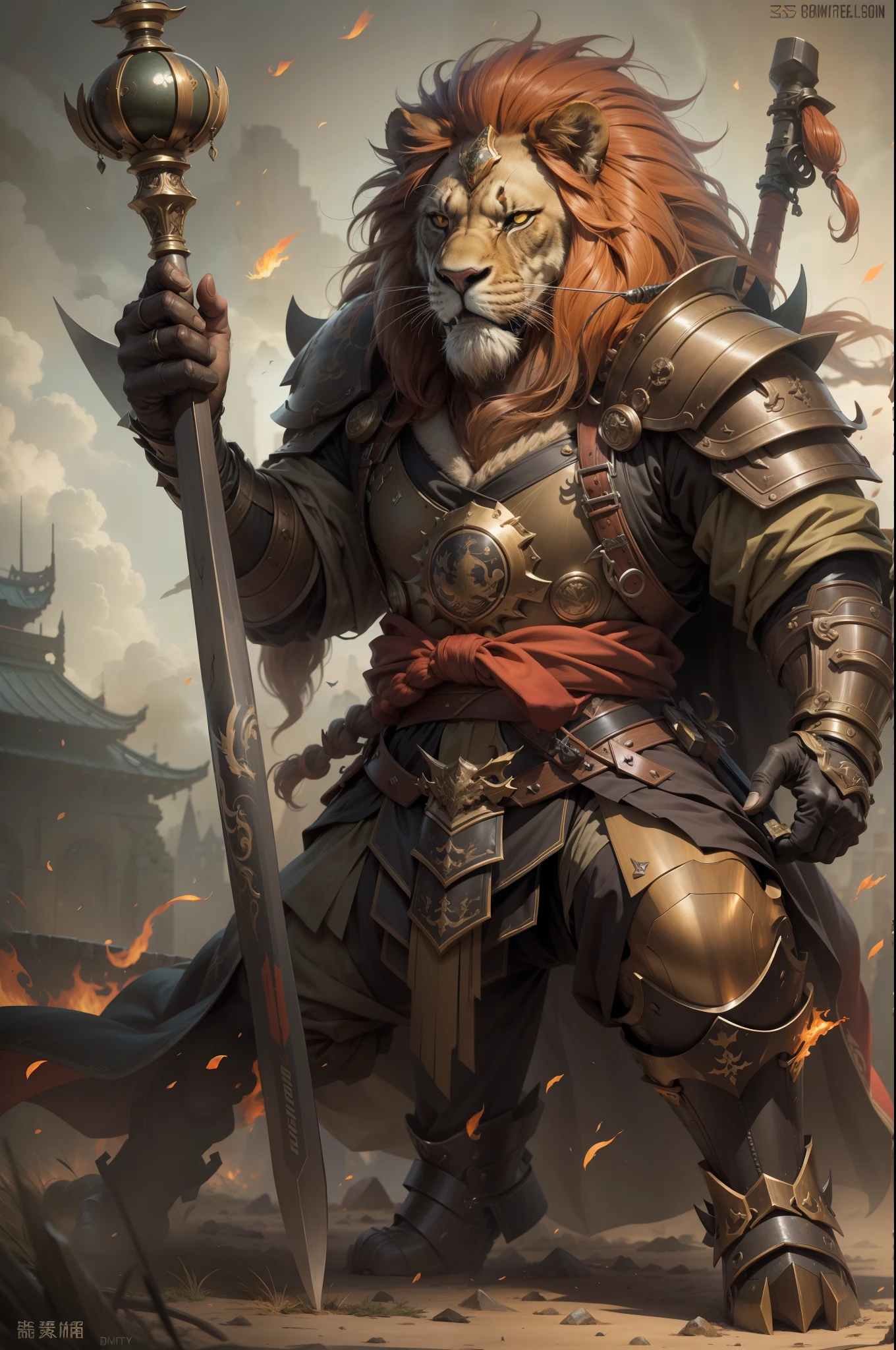 （anthropomorphic turtle），（Lion Samurai：1.4），longspear，a tall body，Stout limbs，Look at me condescendingly，disdain，despise，tosen，Fierce eyes，terroral，（（closeup cleavage，facial closeups，Close-up strengthened）），The long hairs of the flame fluttered in the wind，combats，Dynamic lines，Dimly lit battlefield，Ruined castle，（stereoscopic perspective：1.4），Works of masters，super-fine，4K分辨率，high qulity，电影灯光，High picture detail，Detailed pubic hair，Epic shooting，Clearly focused hair，Detailed hair depiction，acurate