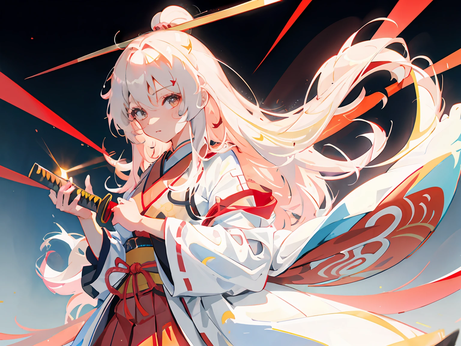 highr，1个Giant Breast Girl，Japan Flag，long  white hair，red color eyes，White samurai costume，Knife pulling posture，SakuraNS，katana swords，of the highest quality，Chinese girl design，Genshin detailed art，Anime character design，anime concept art，pretty anime character design，anime character reference sheet，[character  design]，