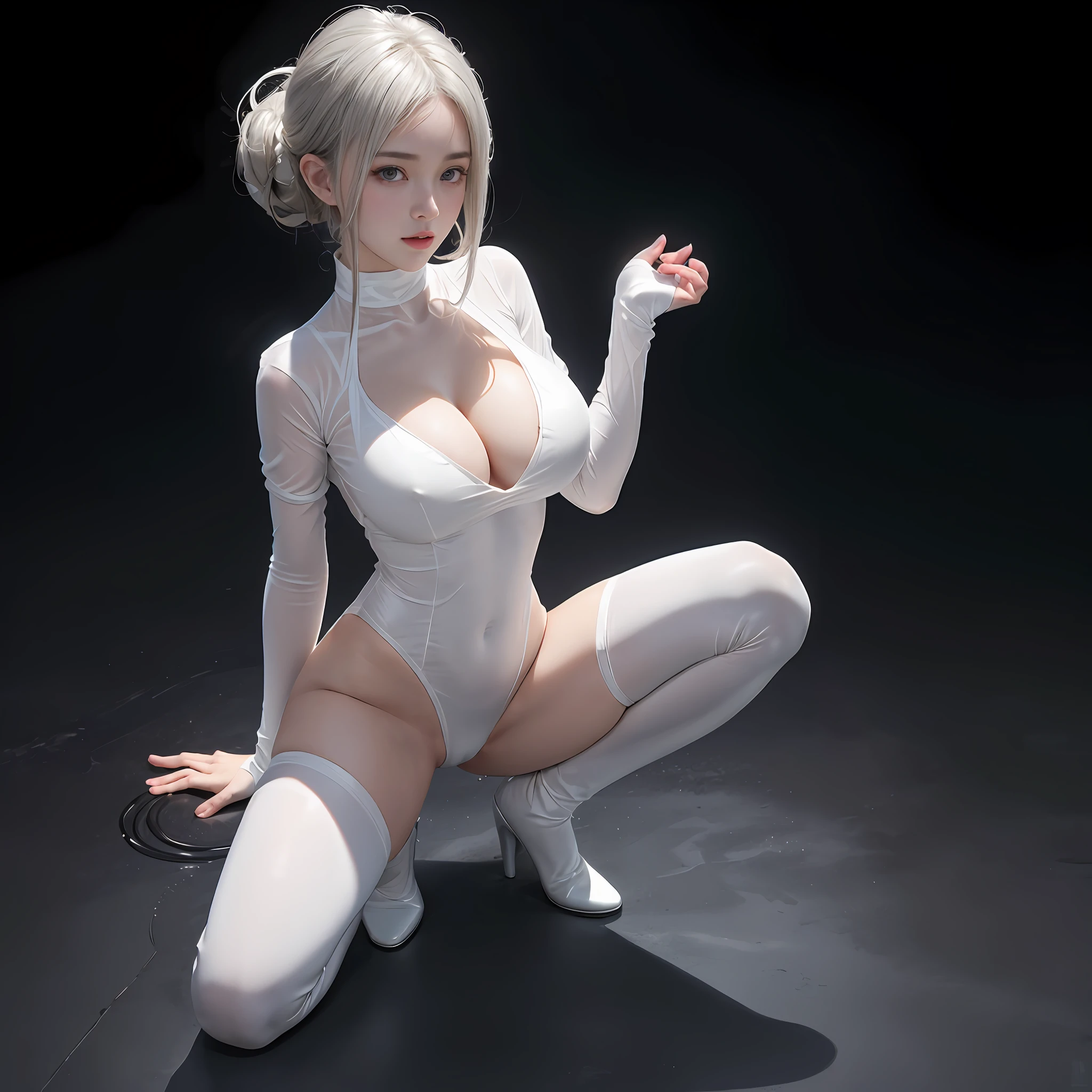 ((NSFWSTILLSHOW))、no extra arm:2、no extra hand:2、no extra leg:2、((solo 1girl))、{full length|Full height|all-fours|Half squatting|Flying|Jumpping|Ass focus、looking ahead}、{Wide Shot:1.5|Drone view|OverHeadShot|From below:1.5}、(wetted Porcelain skin、Wetted White skinny bodysuit)、Very thin and soft fabric、wetted face、{wetted hair|Floating hair|Shiny Black hair|Blonde hair|Silver hair|Short Bob|Half Up|Curly hair}、Detailed Clear Nipples、detailed crotch、(The shape of the pubic area is Clearly Visible:1.2)、ass visible through thighs:1.3、Nipple shadow、(masterpiece, Best quality)、(Photorealsitic:1.37)、(BokeH)、smooth shading、({childish|Gigantic、cleavage})、((((detailed beautiful face))))、Darkbackground、neons、zydG、high collar、elbow_gloves、