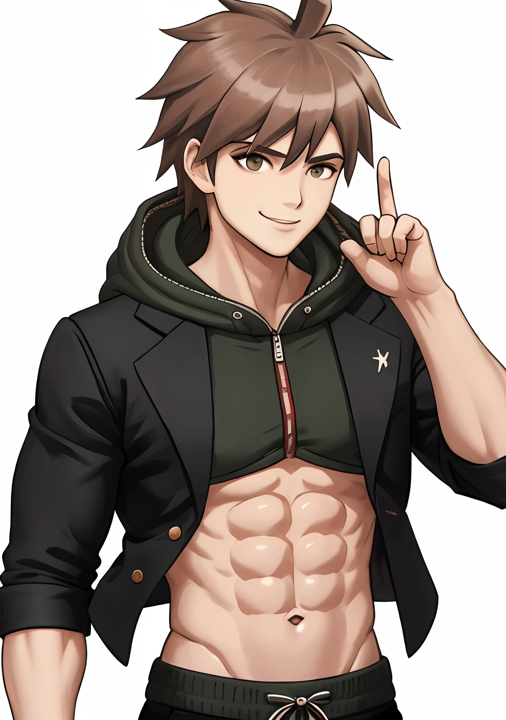 masterpiece, best quality, 1boy, black jacket, hood, ahoge, short hair, brown hair, black pants, smile, hands up, simple background, white background, upper body Muscular body, Imposing body, Imposing appearance, muscular arms, muscular legs, only body, trapezoid torso, sturdy body, muscular body, defined round and fleshy pecs, defined washboard ABS, defined arms, defined legs, flexing his muscles