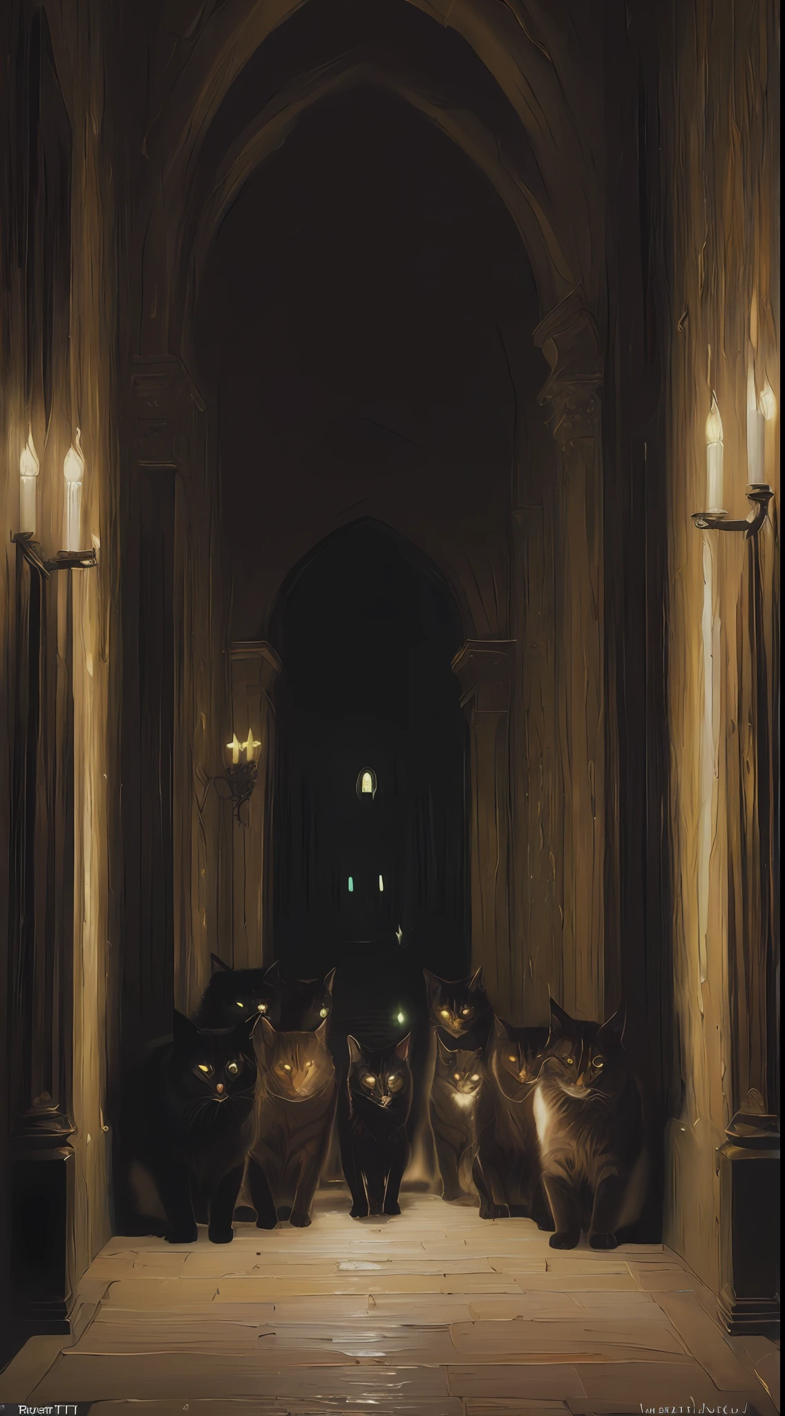 (masterpiece, oil painting, Greg Rutkowski style:1.2, photo-realistic:1.4), multiple cats, (intense, glowing eyes:1.3), roaming a grand medieval castle, stone corridors, tapestry-adorned walls, flickering torchlight, (mysterious, slightly evil aura:1.2), intricate detailing, cool tones, looking at viewer.