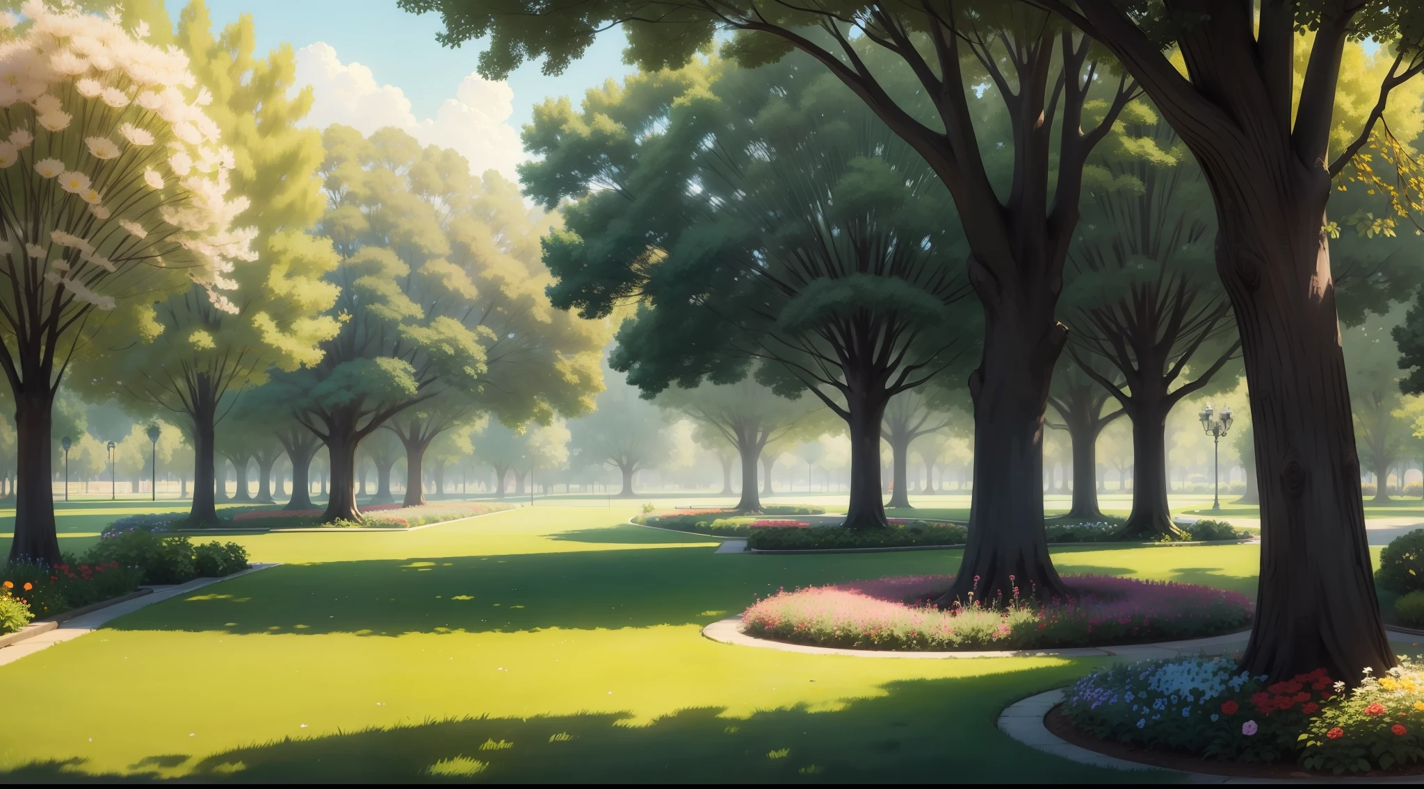 Lawn park with flowers and trees and good solar lighting