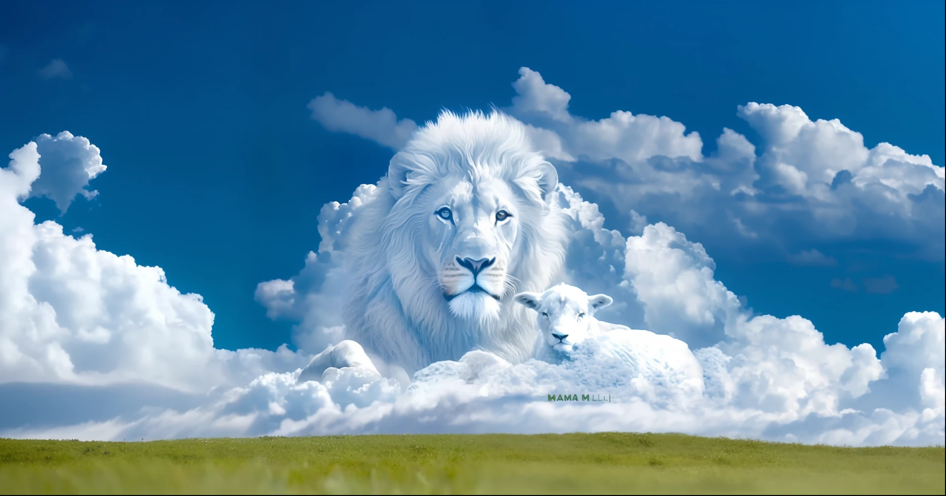 A closeup of a lion and a lamb in the clouds, lions, imagem de alta qualidade", Lion, cores dominantes e azuis, Aslan the Lion, peaceful animals, lamb and goat fused as one, peaceful looking animals, neverending - story, imagem do produto de alta qualidade", lion icon, foto de uma bela, majestade, O Senhor e Salvador