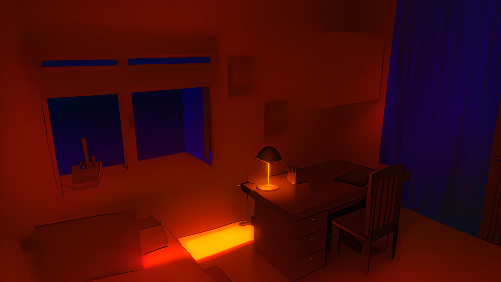 room at night, cama, melancholic environment, hard lighting, oscuro
