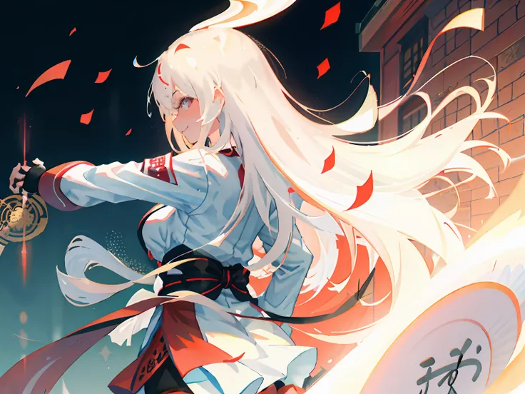 highr，1个giant breast girl，japan flag，long  white hair，red color eyes，white samurai costume，knife pulling posture，sakurans，katana...