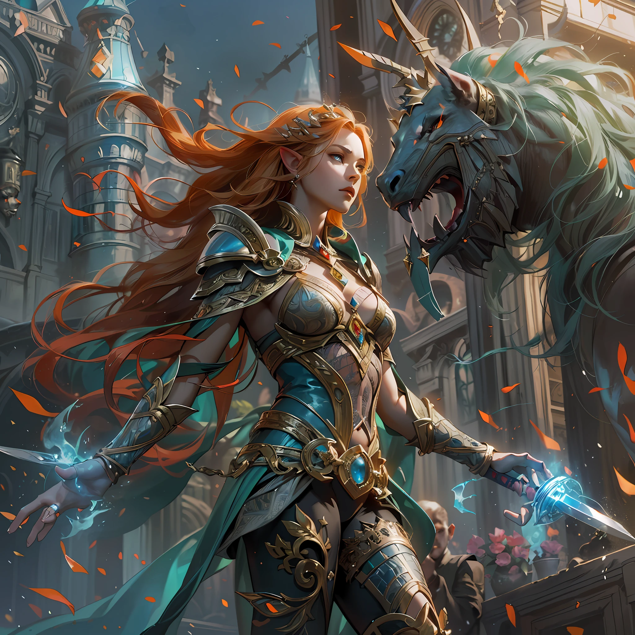 high details, best quality, 8k, [ultra detailed], masterpiece, best quality, (extremely detailed), dynamic angle, ultra wide shot, RAW, photorealistic, fantasy art, dnd art, rpg art, realistic art, a wide angle picture of an epic female elf arcane warrior, warrior of magic, fighter of the arcana, full body, [[anatomically correct]] full body (1.5 intricate details, Masterpiece, best quality) casting a spell (1.5 intricate details, Masterpiece, best quality), casting an epic spell, [colorful magical sigils in the air],[ colorful arcane markings floating] (1.6 intricate details, Masterpiece, best quality) holding an [epic magical sword] (1.5 intricate details, Masterpiece, best quality) holding epic [magical sword glowing in red light]. in fantasy urban street (1.5 intricate details, Masterpiece, best quality), a female beautiful epic elf wearing elven leather armor (1.4 intricate details, Masterpiece, best quality), high heeled leather boots, ultra detailed face,  thick hair, long hair, dynamic hair, fair skin intense eyes, fantasy city background (intense details), sun light, backlight, depth of field (1.4 intricate details, Masterpiece, best quality), dynamic angle, (1.4 intricate details, Masterpiece, best quality) 3D rendering, high details, best quality, highres, ultra wide angle
