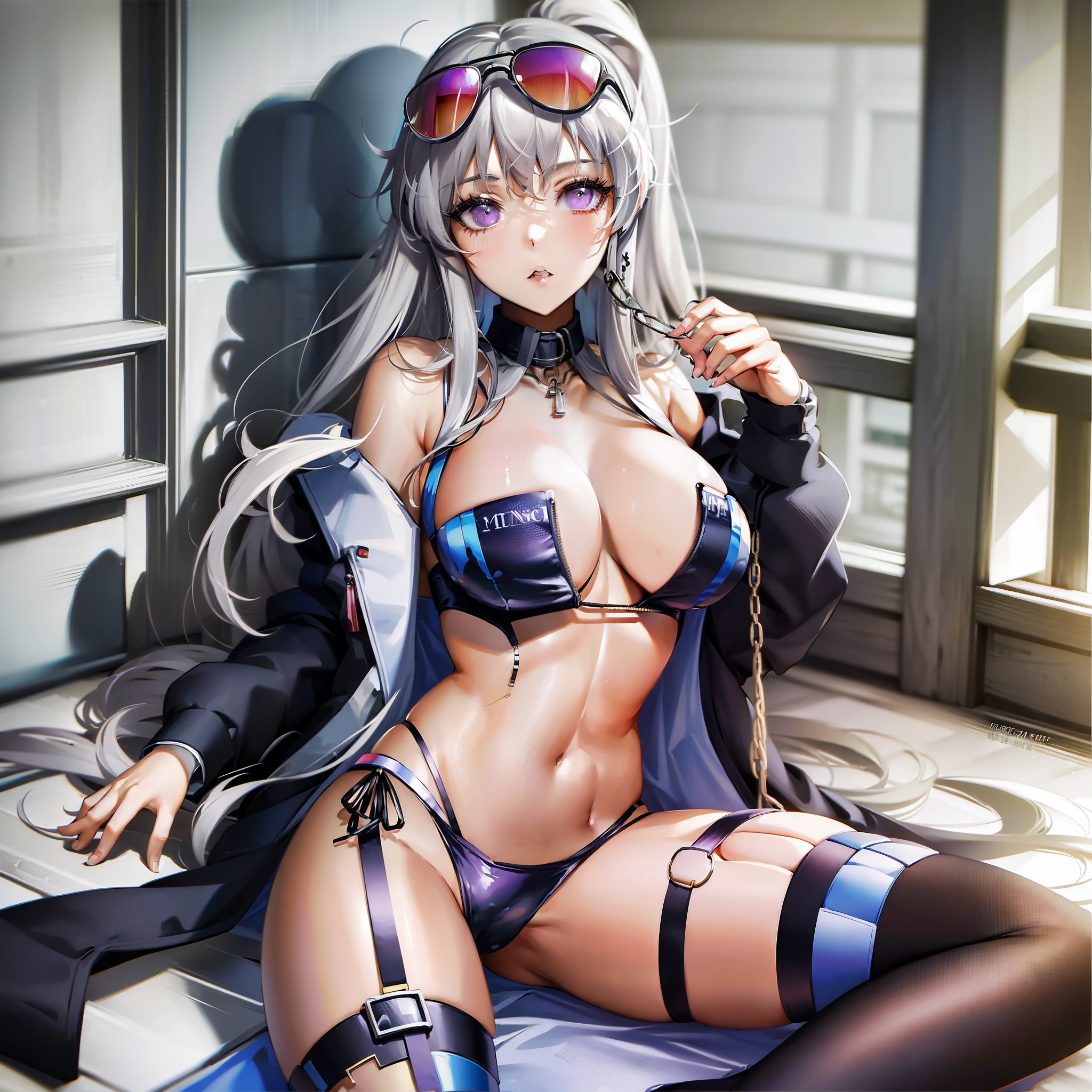 (((masterpiece, best quality, high resolution))),
WindCatcher, racing girl, 1girl, breasts, solo, eyewear on head, looking at viewer, underwear, lying, panties, on back, garter straps, collar, sunglasses, holding, chain, black panties, open clothes, parted lips, character name, leash, blush, coat, halterneck,