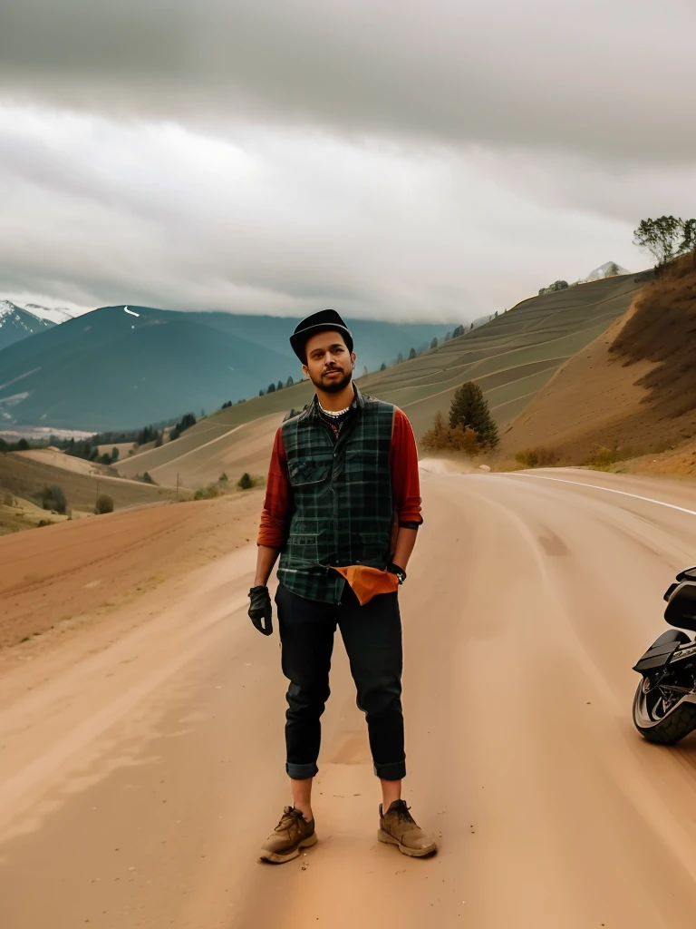 there is a man standing on a dirt road with a motorcycle behind him, standing in road, hills in the background, with mountains in the background, on a road, with mountains in background, standing in front of a mountain, with mountains as background, moutain in background, in front of a forest background, mountain in the background