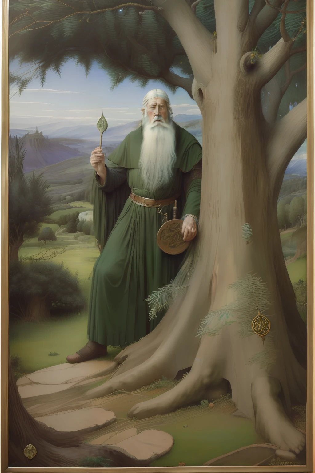 (((Pre-Raphaelite Celtic painting of an old druid with a white beard at the feet of a large twisted yew tree, paisagem celta)))
