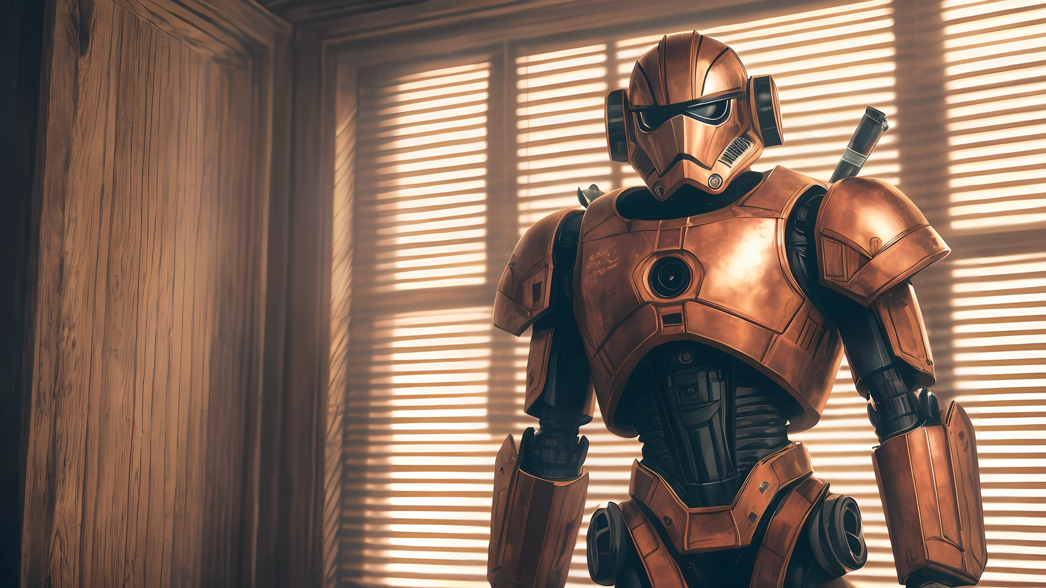 **Cinematic photography, robot set in the movie Stars Wars, he is wearing brown clothes, dramatic environment and very harsh dark shadows inside a spaceship, he is carrying a wooden scepter in his right hand, Sony ZV-EI Camera, s700 -- c 5 --auto --s2