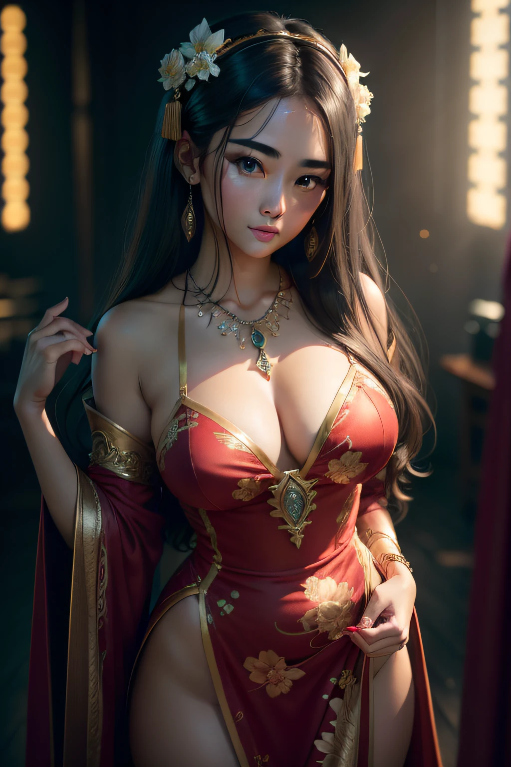best quality, masterpiece, highres, 1girl,china dress,hair ornament,necklace, jewelry,Beautiful face,upon_body, tyndall effect,photorealistic, dark studio, rim lighting, two tone lighting,(high detailed skin:1.2), 8k uhd, dslr, soft lighting, high quality, volumetric lighting, candid, Photograph, high resolution, 4k, 8k, Bokeh,