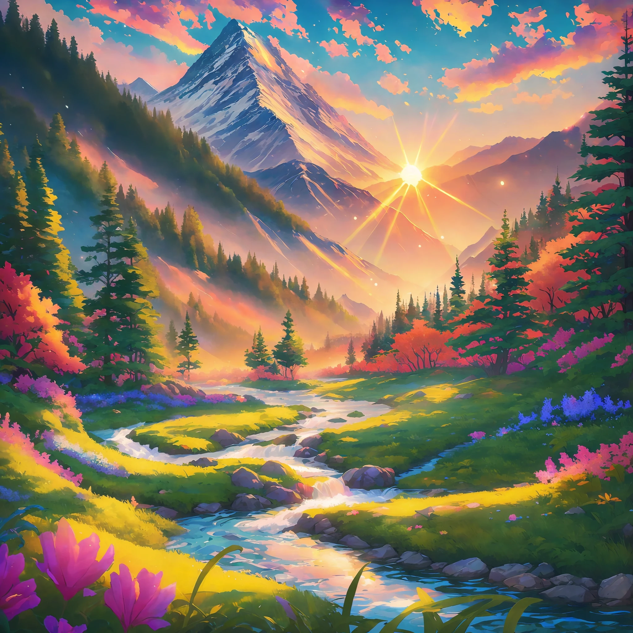 (best illumination, best shadow), scenic anime landscape, beautiful nature scenery, breathtaking view, majestic mountains, lush greenery, flowing streams and rivers, colorful flora and fauna, peaceful atmosphere, magical sunset.