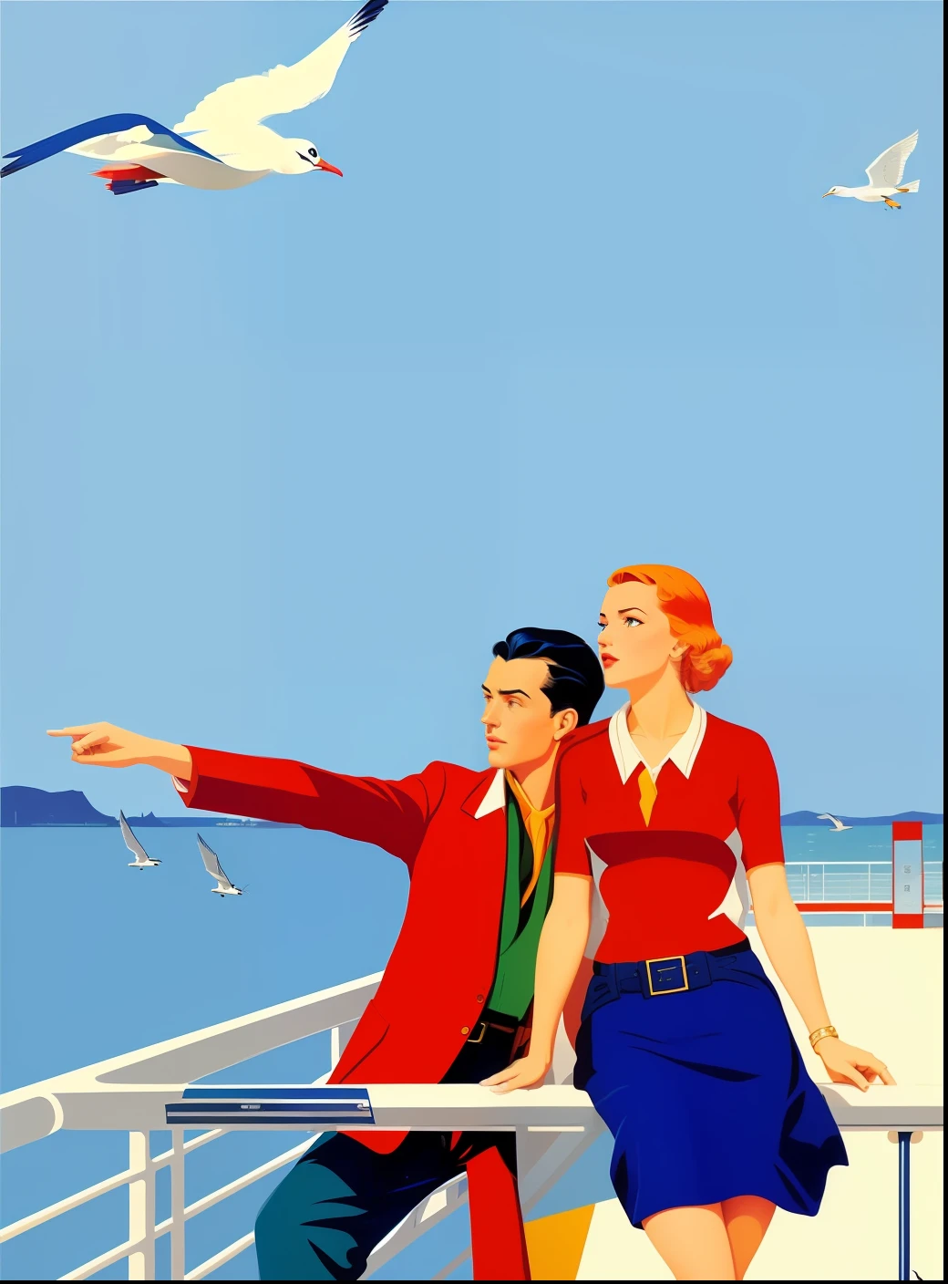 There is a poster of a couple on a boat with seagulls flying overhead., cartaz de viagem, Nelson Kenton, Directed by: Pruett Carter, angus mcbride, Laurent Durieux, Otto Schmidt, Directed by: Herbert Bayer, funil ed, Directed by: Emiliano Ponzi, inspirado em Robert Ballagh, Directed by: Robert Ballagh, Cartaz Art Deco, Joe Webb, retro poster