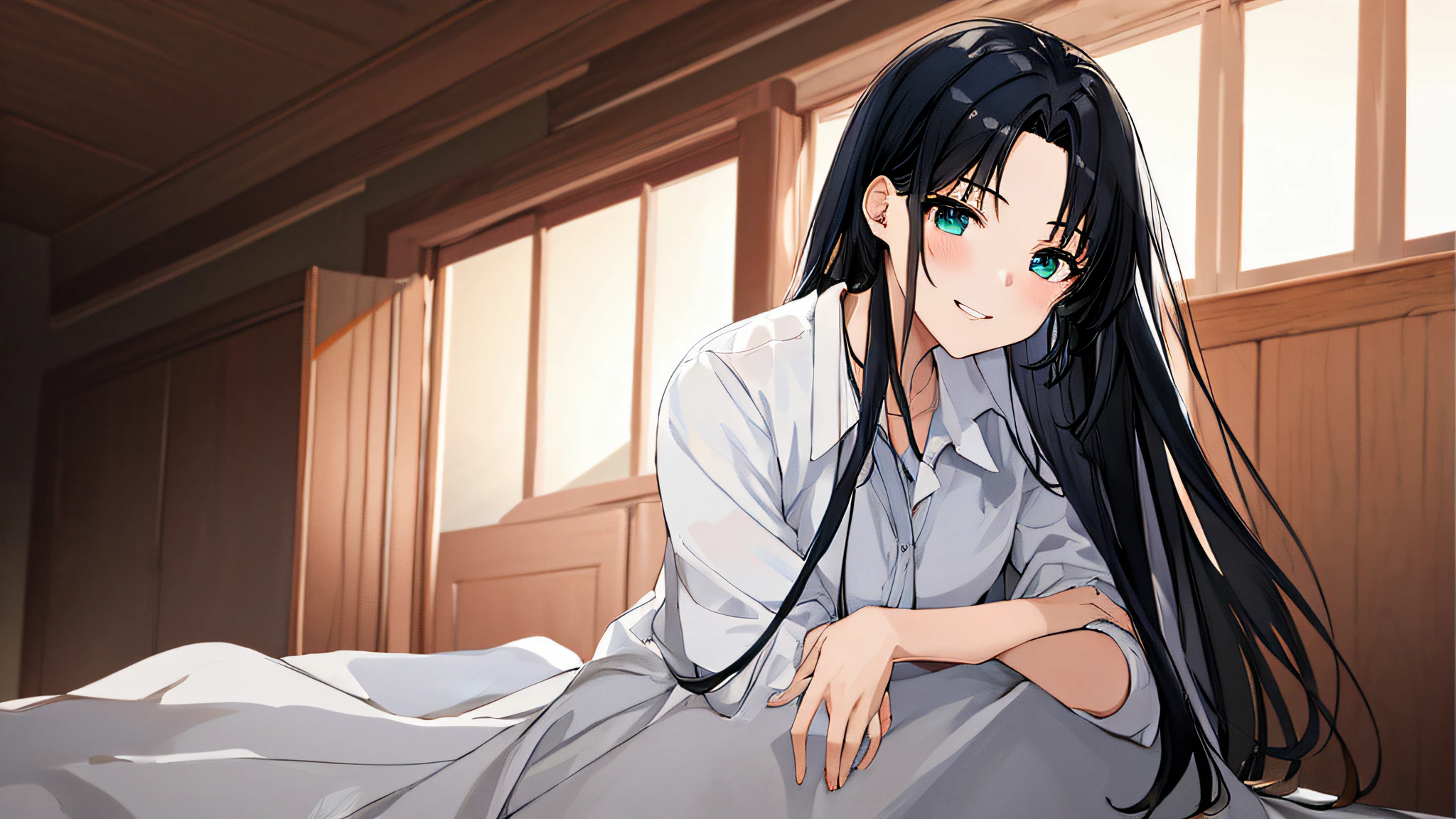 masterpiece, high quality, 8k, beautiful lighting, doga kobo, anime scene, 1girl, solo, tendou_mana, black hair, medium straight hair with open forehead, no bangs, thin posture, medium breast, aqua eyes, white shirt, formal outfit, house room, upper body, looking at viewer, smiling