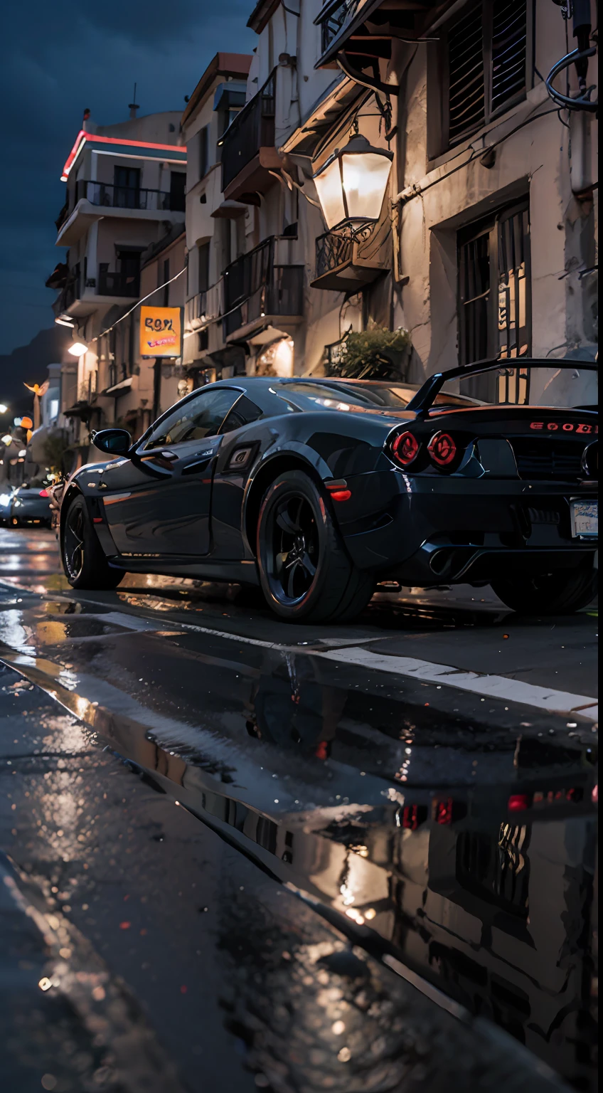 chrysler ME four-twelve, dodge tomahawk, in santorini, sony rebel dslr, cinematic lighting, reflections, night time, RAW image, unsplash, 50 --s 2
