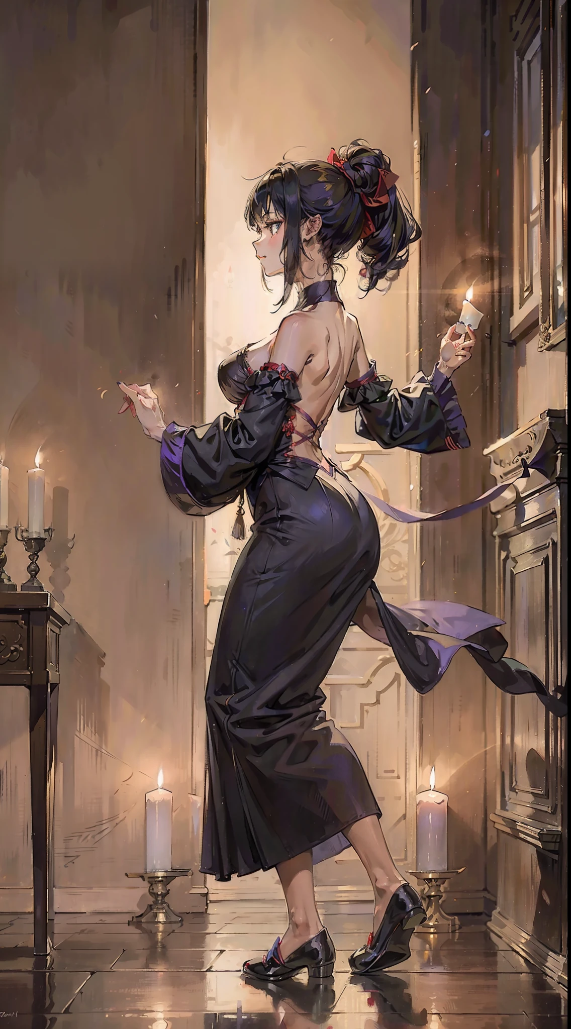 Una imagen en estilo art nouveau. A woman dances in a dark room lit by several candles, Su sombra reflejada en la pared tiene la forma de un demonio..