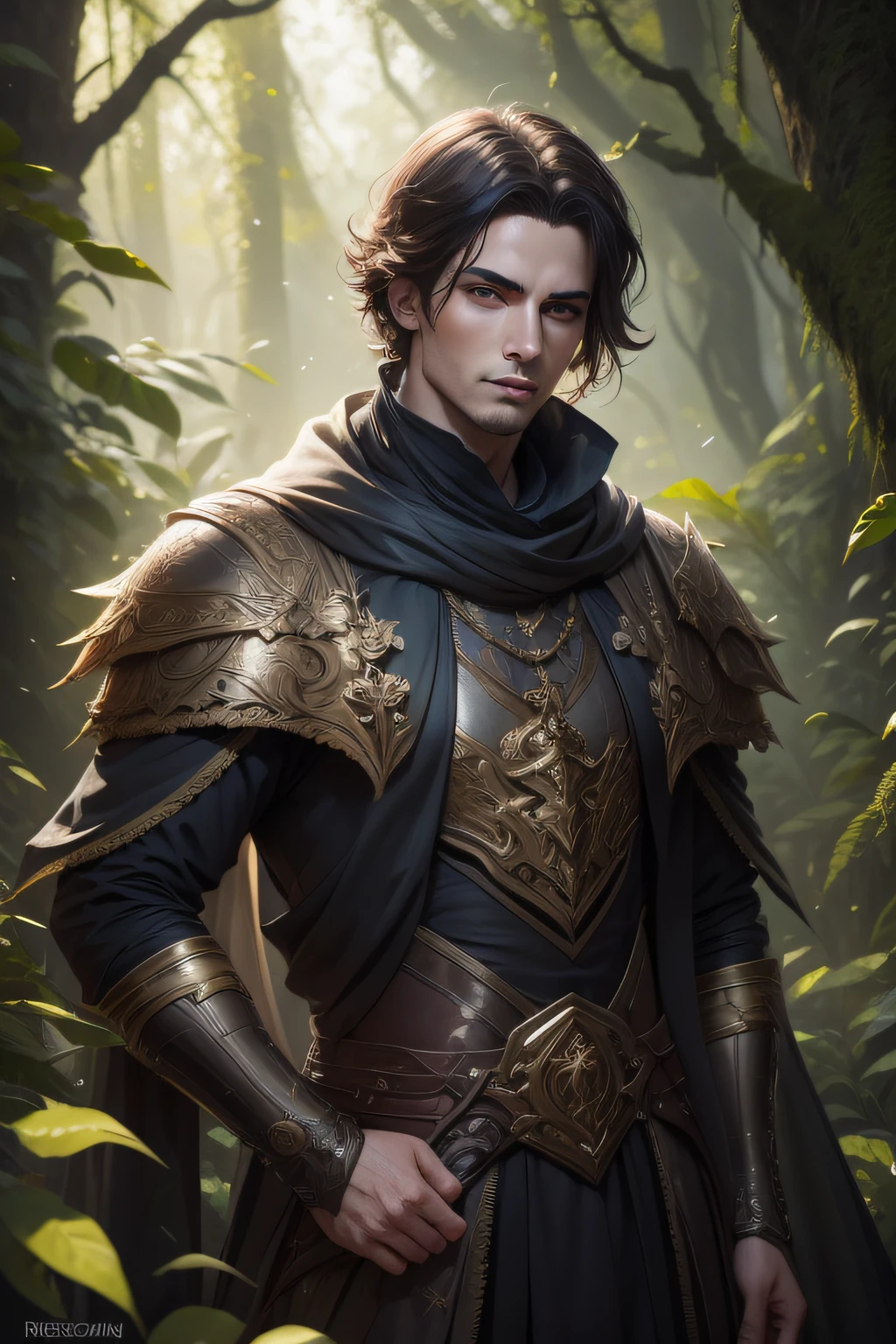 Um homem de armadura posa para uma foto em uma floresta escura, arte de personagem impressionante, epic exquisite character art,  poots imogen como um d&D Paladino,  retrato do personagem da fantasia,  retrato de arte conceito de fantasia, protagonista masculino