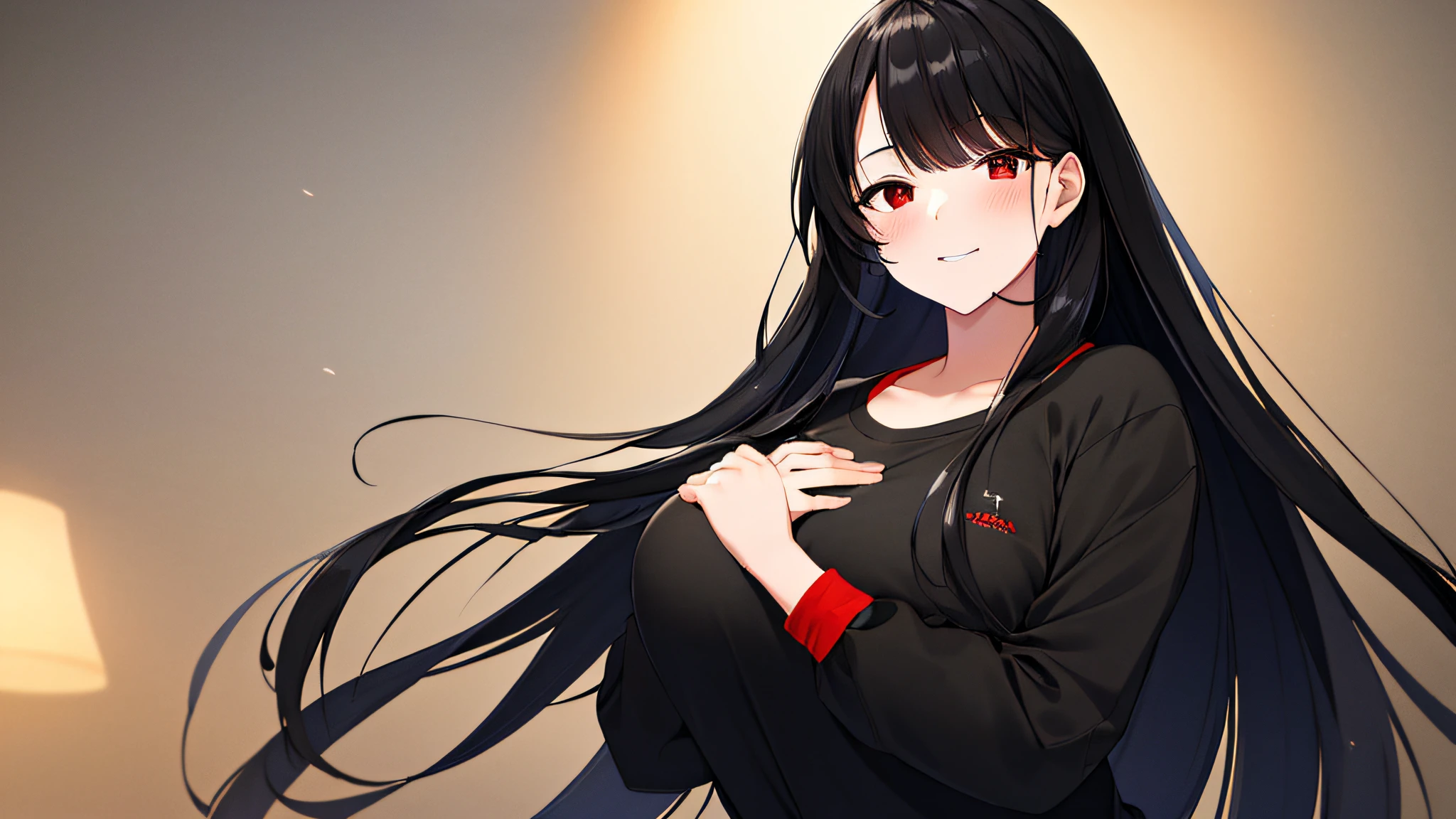 masterpiece, high quality, 8k, beautiful lighting, doga kobo, anime scene, 1girl, solo, takahi_manami, black hair, long straight hair with open forehead, no bangs, overweight, red eyes, black shirt, casual outfit, suburban, upper body, looking at viewer, giggle