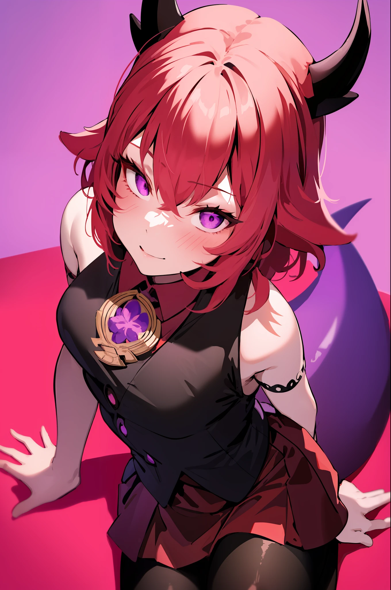masterpiece, best quality, 1girl, yae miko, black horns, pink hair, shirt, short hair, black pantyhose, black skirt, demon horns, demon girl, solo, demon tail, pantyhose, red shirt, 1girl, waistcoat, vest, skirt, purple eyes, black vest, purple background, horns, tail, simple background, sitting,