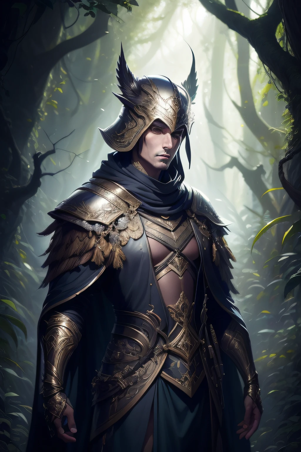 Um homem de armadura posa para uma foto em uma floresta escura, arte de personagem impressionante, epic exquisite character art,  poots imogen como um d&D Paladino,  retrato do personagem da fantasia,  retrato de arte conceito de fantasia, protagonista masculino