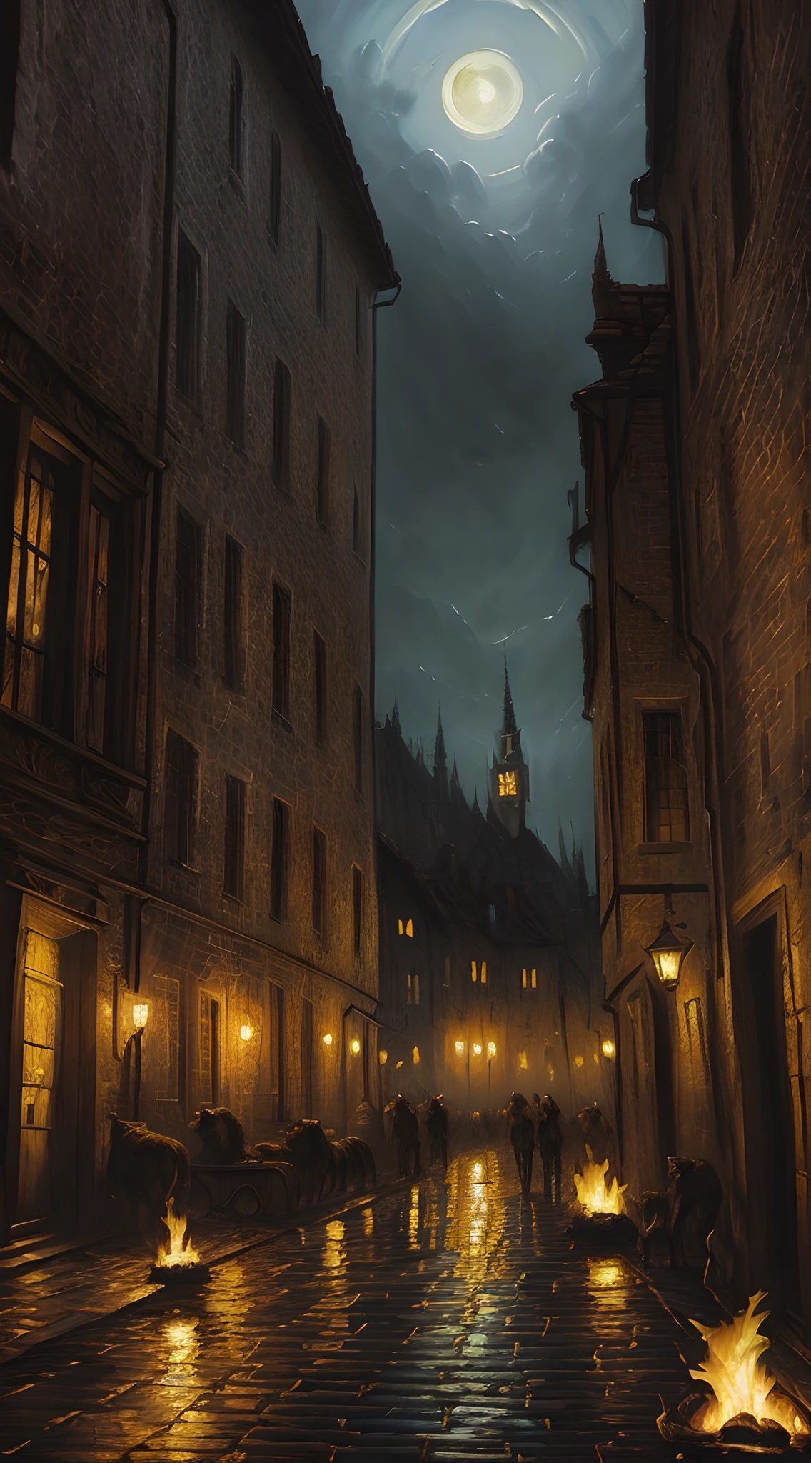 (masterpiece, oil painting, Greg Rutkowski style:1.2, best quality:1.3), medieval European setting, (narrow cobblestone alleys:1.1), angry mob, torches aflame, pitchforks, (frightened cats darting:1.2), menacing shadows, glowing windows, looming brick buildings, eerie moonlight, (slightly evil aura:1.1), realistic, cool colors, side view.