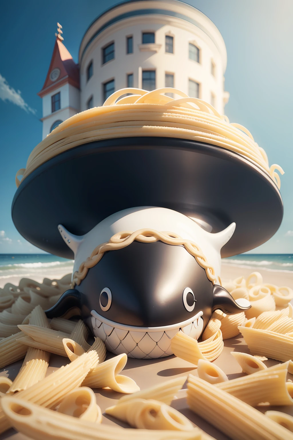 A whale consisting of pasta is on the head,Surreal style