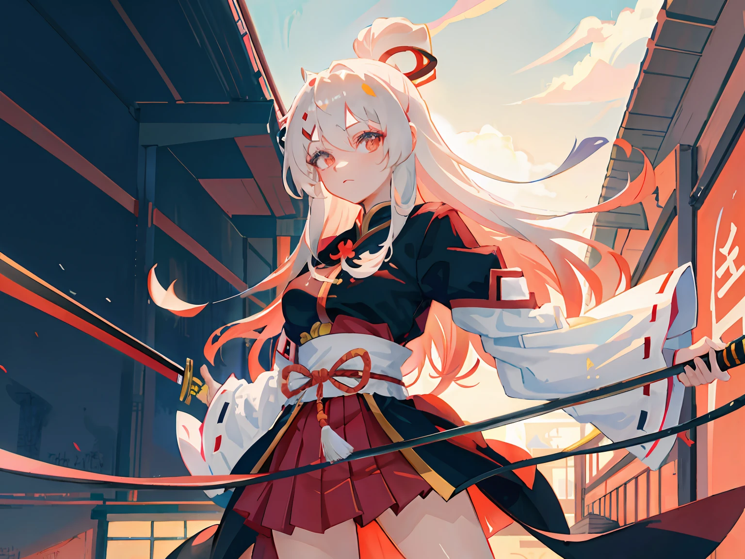 highr，1个Giant Breast Girl，Japan Flag，long  white hair，red color eyes，Black and red samurai costume，Knife pulling posture，SakuraNS，katana swords，of the highest quality，Chinese girl design，Genshin detailed art，Anime character design，anime concept art，pretty anime character design，anime character reference sheet，[character  design]，