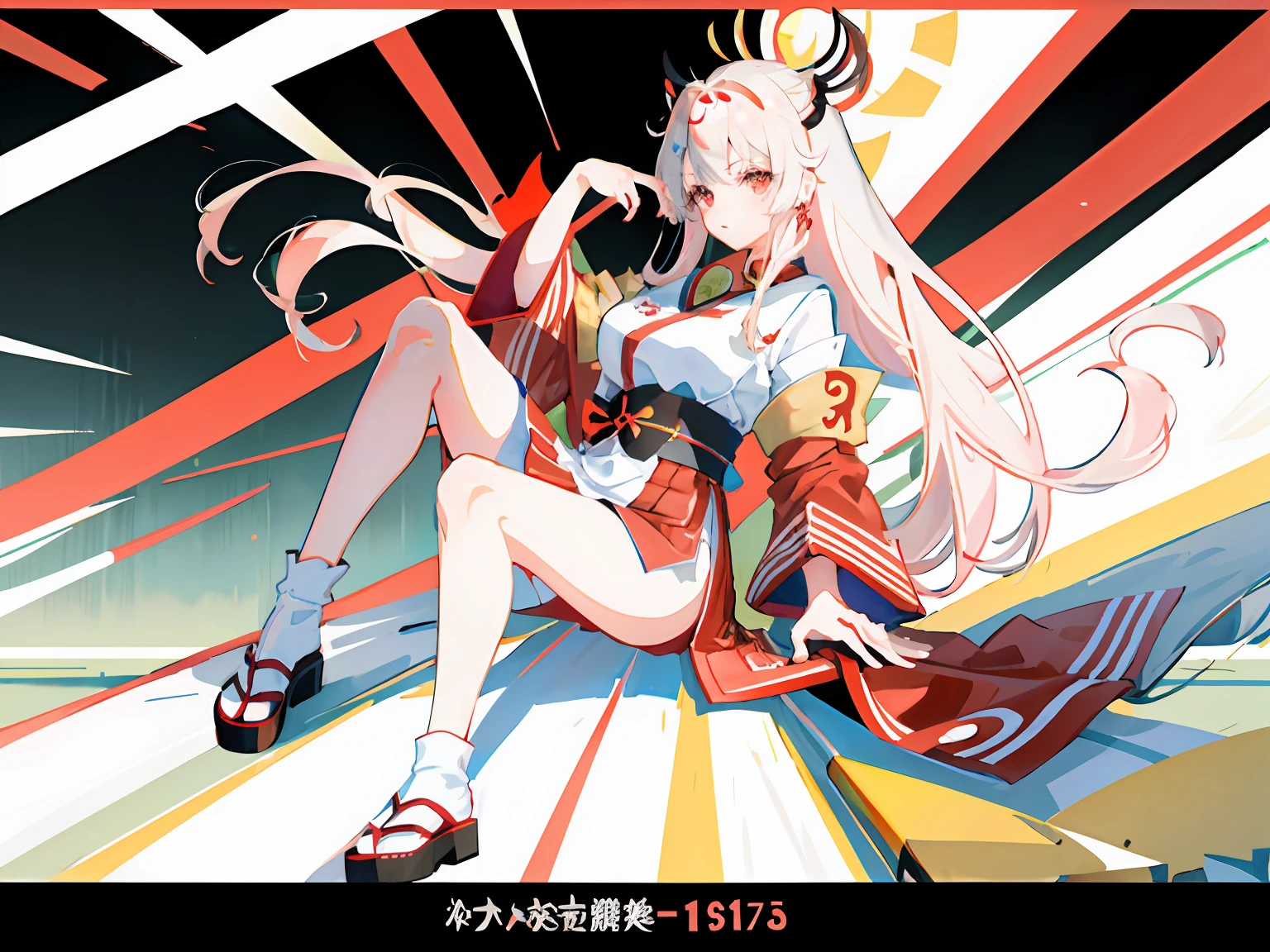 highr，1个Giant Breast Girl，Japan Flag，long  white hair，red color eyes，Black and red samurai costume，Knife pulling posture，SakuraNS，katana swords，of the highest quality，Chinese girl design，Genshin detailed art，Anime character design，anime concept art，pretty anime character design，anime character reference sheet，[character  design]，