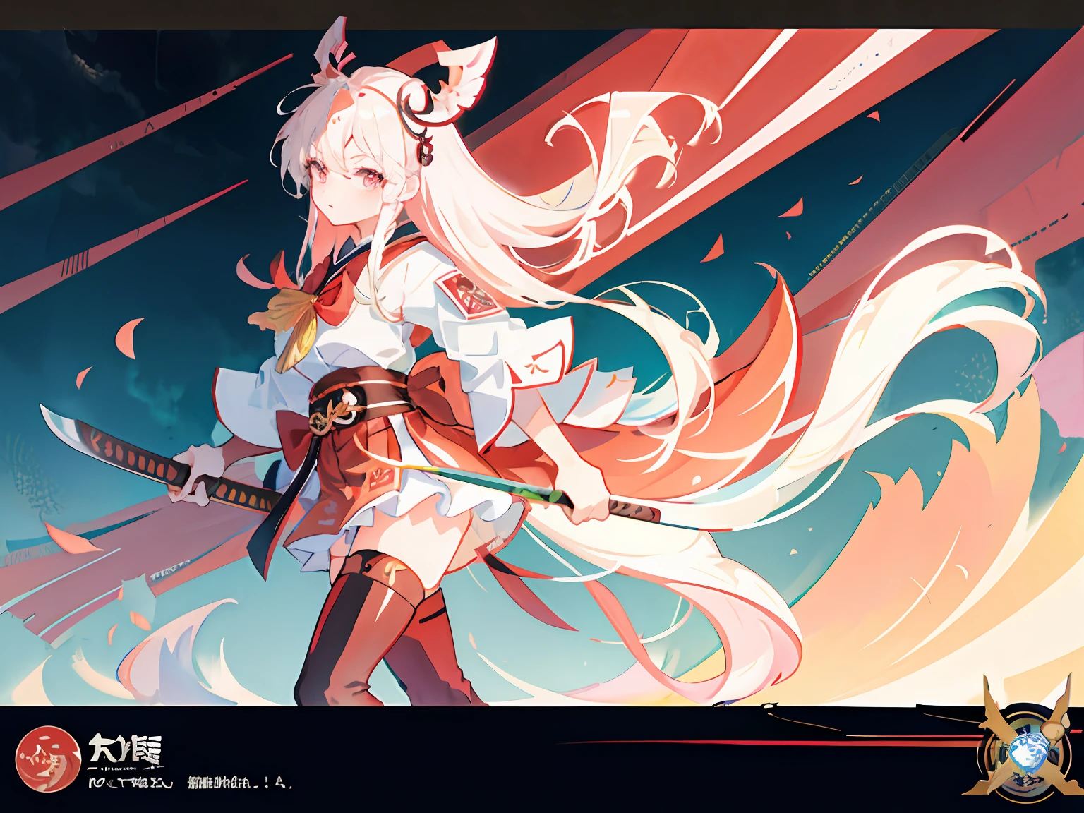highr，1个Giant Breast Girl，Japan Flag，long  white hair，red color eyes，Black and red samurai costume，Knife pulling posture，SakuraNS，katana swords，of the highest quality，Chinese girl design，Genshin detailed art，Anime character design，anime concept art，pretty anime character design，anime character reference sheet，[character  design]，