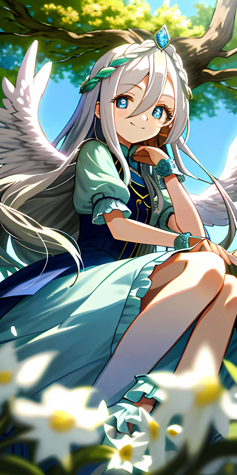 (tmasterpiece,best qualtiy),A long-haired with white hair sits in a tree-lined flower field,She has blue pupils,Her left hand rests under her chin,She wears a garland,Hair covers the right eye,and she smiling,warmly lit,She wore a dress with sky-blue white cuffs,She has white wings,Blurred foreground,Eyes look into the distance