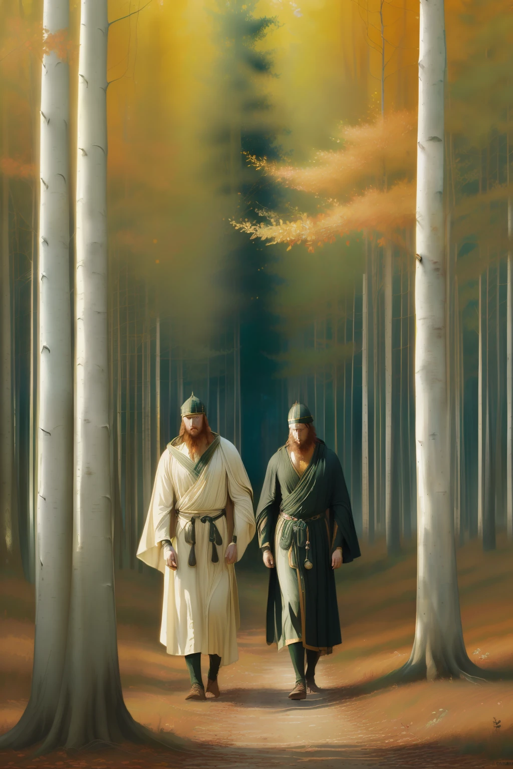 (((Pre-Raphaelite Celtic painting of two light-robed druids in a forest of quivering poplars in autumn, floresta, tons suaves, paisagem celta irlanda)))